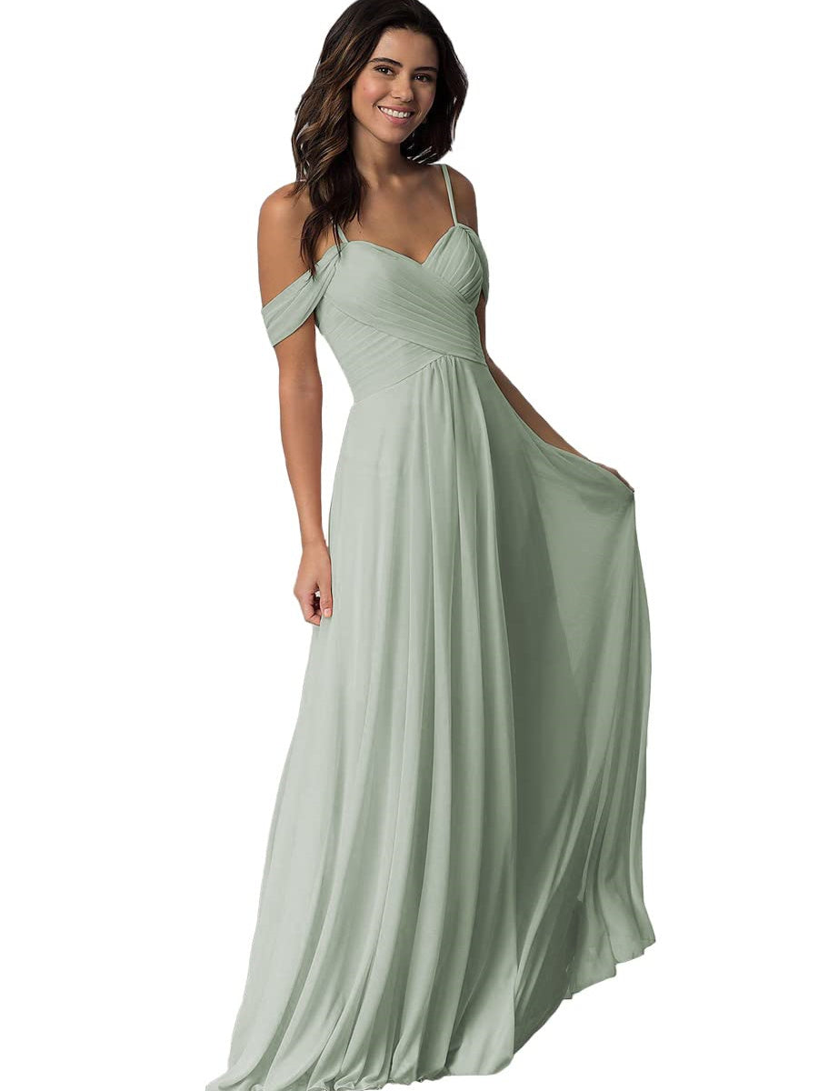 A Line/Princess Sweetheart Off Shoulder Sleeveless Floor Length Bridesmaid Dresses with Pockets Chiffon