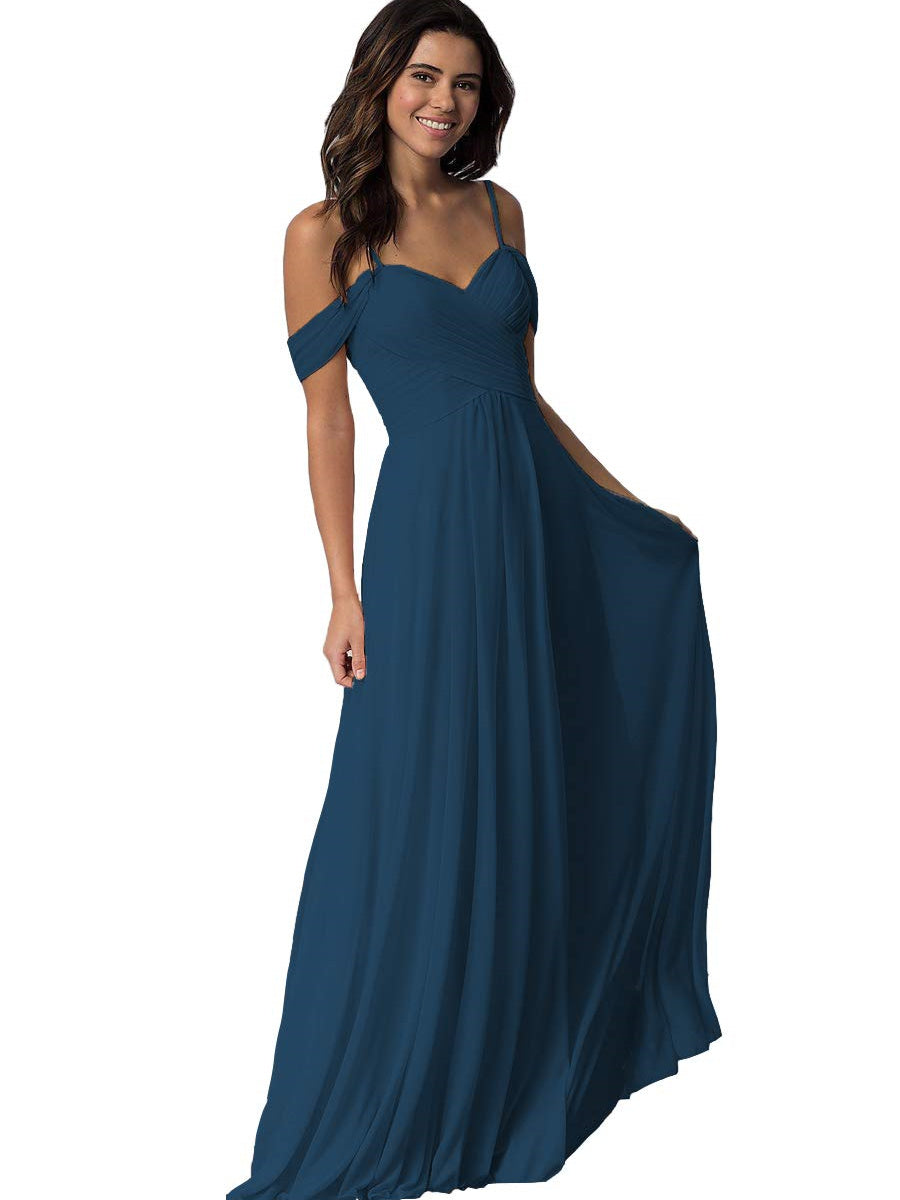 A Line/Princess Sweetheart Off Shoulder Sleeveless Floor Length Bridesmaid Dresses with Pockets Chiffon