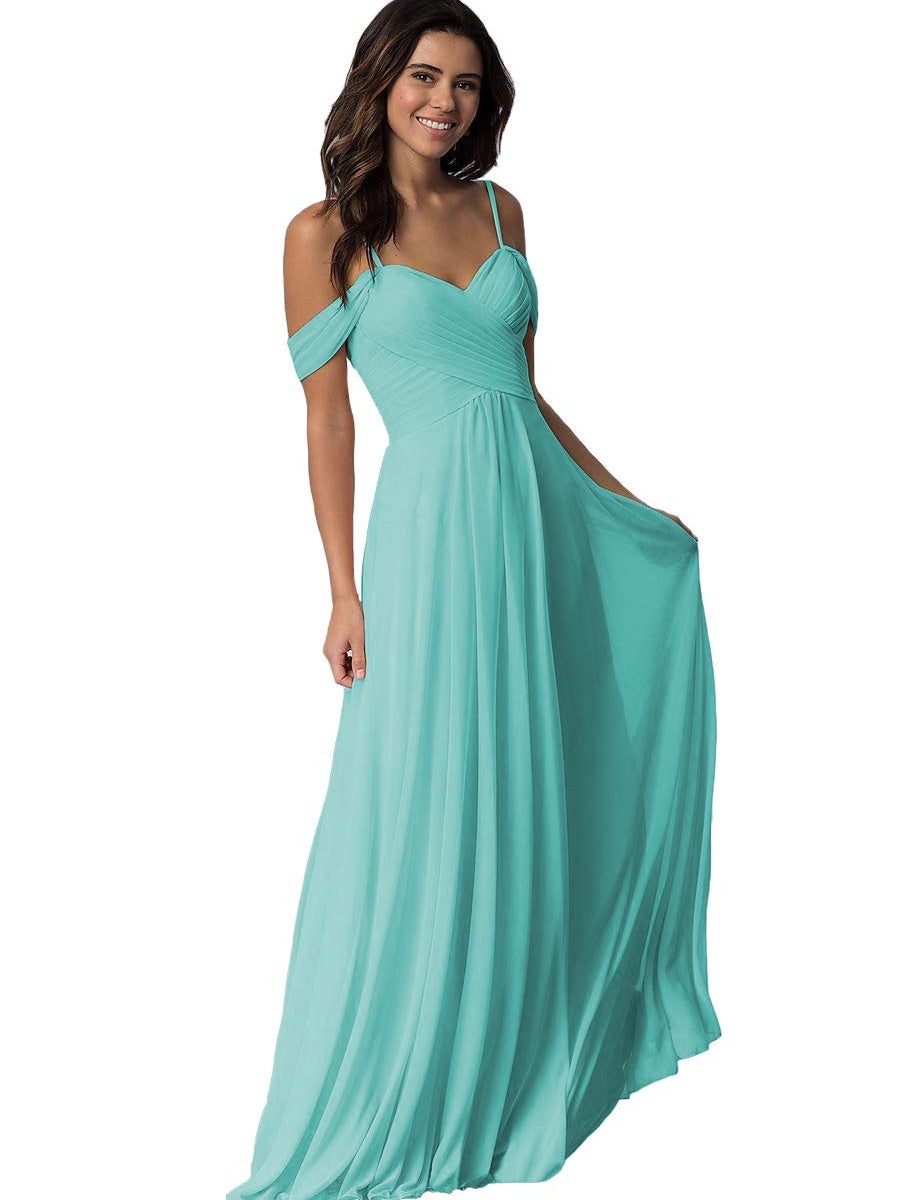 A Line/Princess Sweetheart Off Shoulder Sleeveless Floor Length Bridesmaid Dresses with Pockets Chiffon