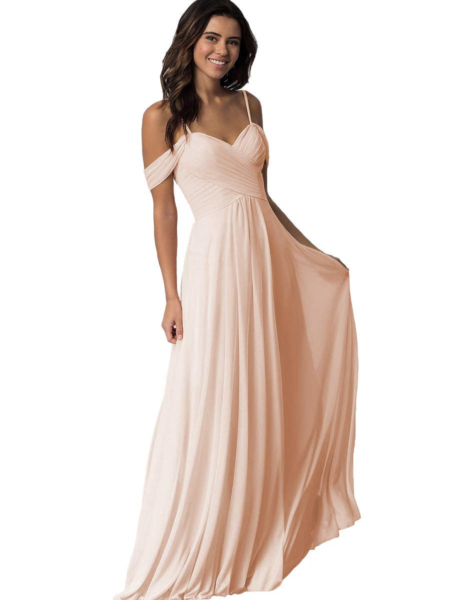 A Line/Princess Sweetheart Off Shoulder Sleeveless Floor Length Bridesmaid Dresses with Pockets Chiffon