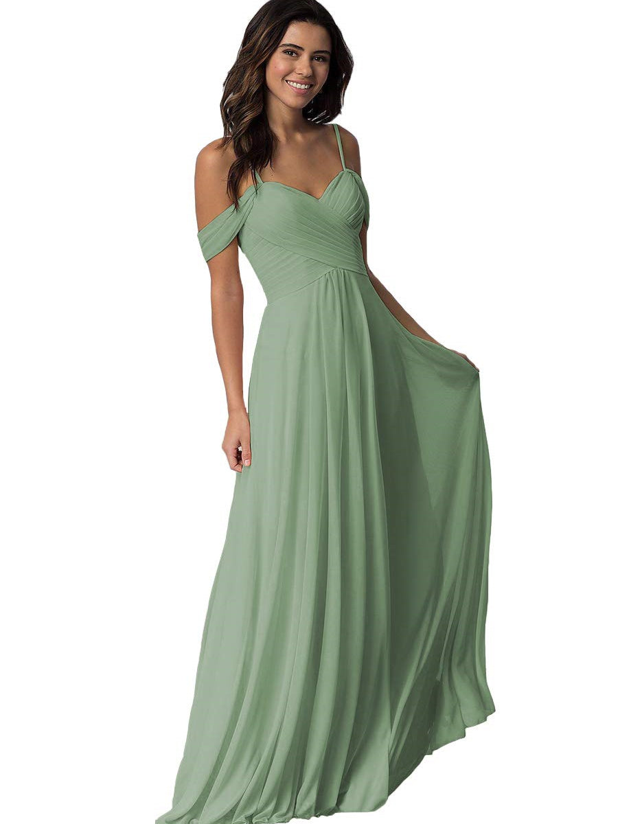 A Line/Princess Sweetheart Off Shoulder Sleeveless Floor Length Bridesmaid Dresses with Pockets Chiffon