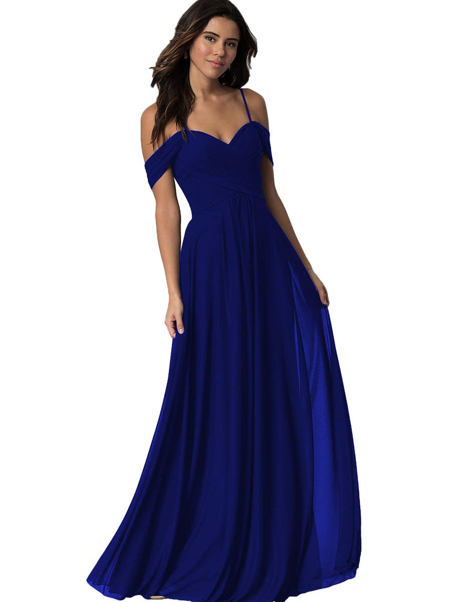 A Line/Princess Sweetheart Off Shoulder Sleeveless Floor Length Bridesmaid Dresses with Pockets Chiffon