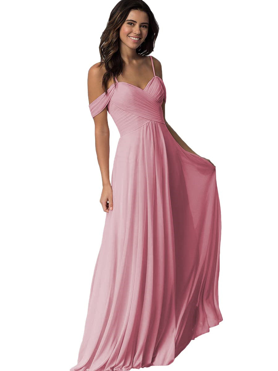 A Line/Princess Sweetheart Off Shoulder Sleeveless Floor Length Bridesmaid Dresses with Pockets Chiffon