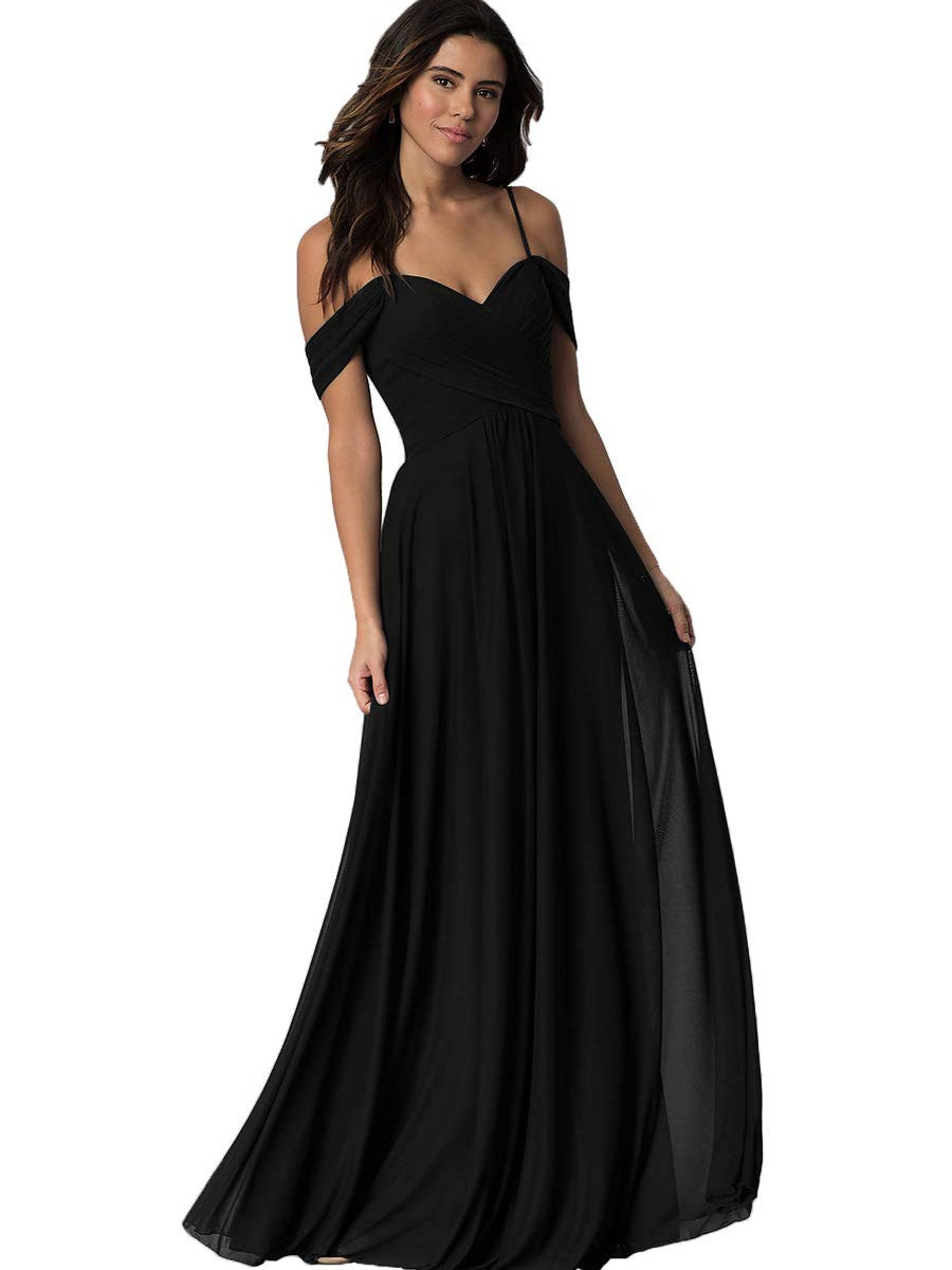 A Line/Princess Sweetheart Off Shoulder Sleeveless Floor Length Bridesmaid Dresses with Pockets Chiffon