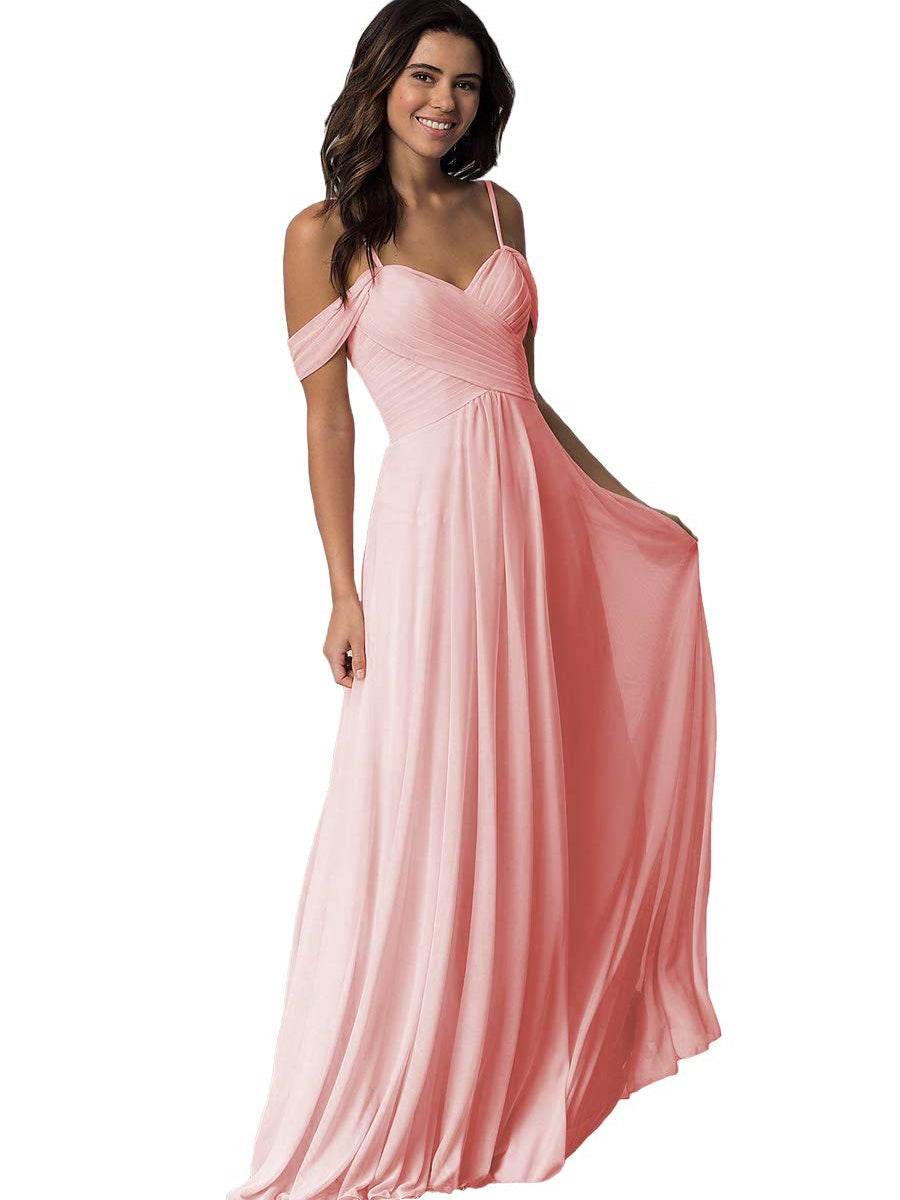 A Line/Princess Sweetheart Off Shoulder Sleeveless Floor Length Bridesmaid Dresses with Pockets Chiffon