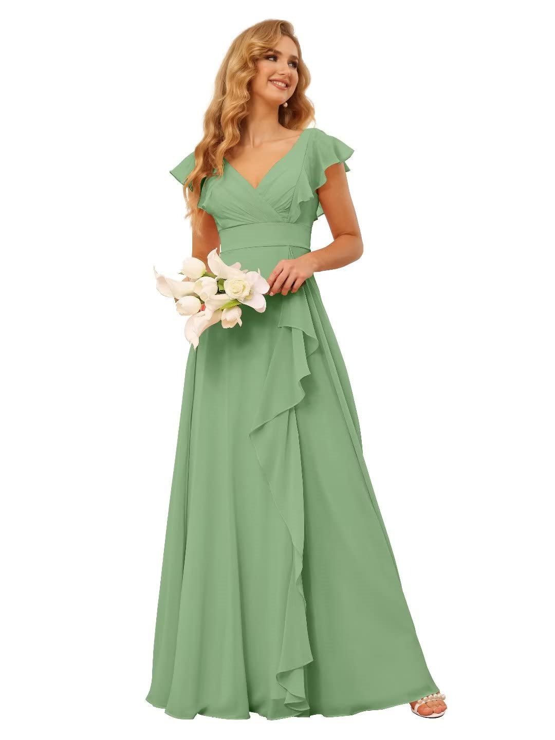 A-Line/Princess V Neck Short Sleeve Floor Length Bridesmaid Dresses With Ruffled Split
