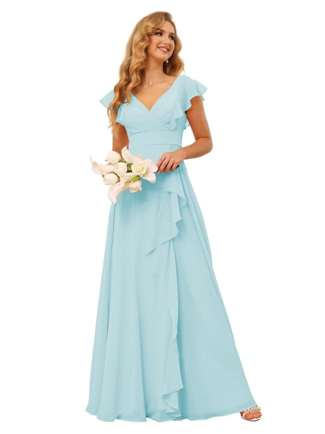 A-Line/Princess V Neck Short Sleeve Floor Length Bridesmaid Dresses With Ruffled Split