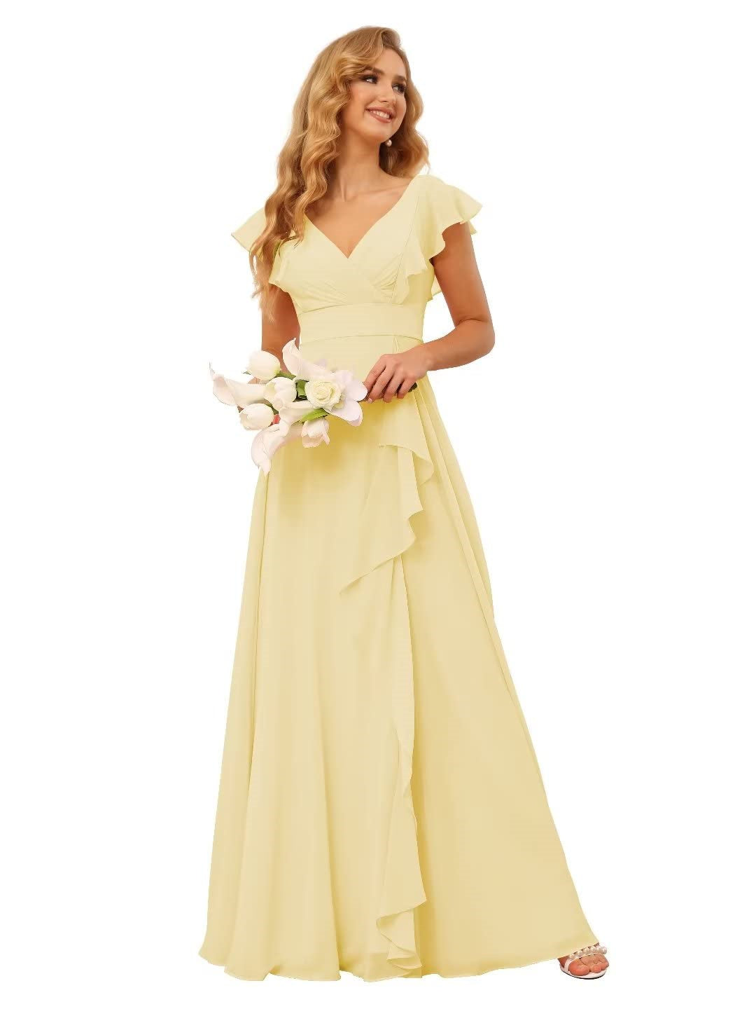 A-Line/Princess V Neck Short Sleeve Floor Length Bridesmaid Dresses With Ruffled Split