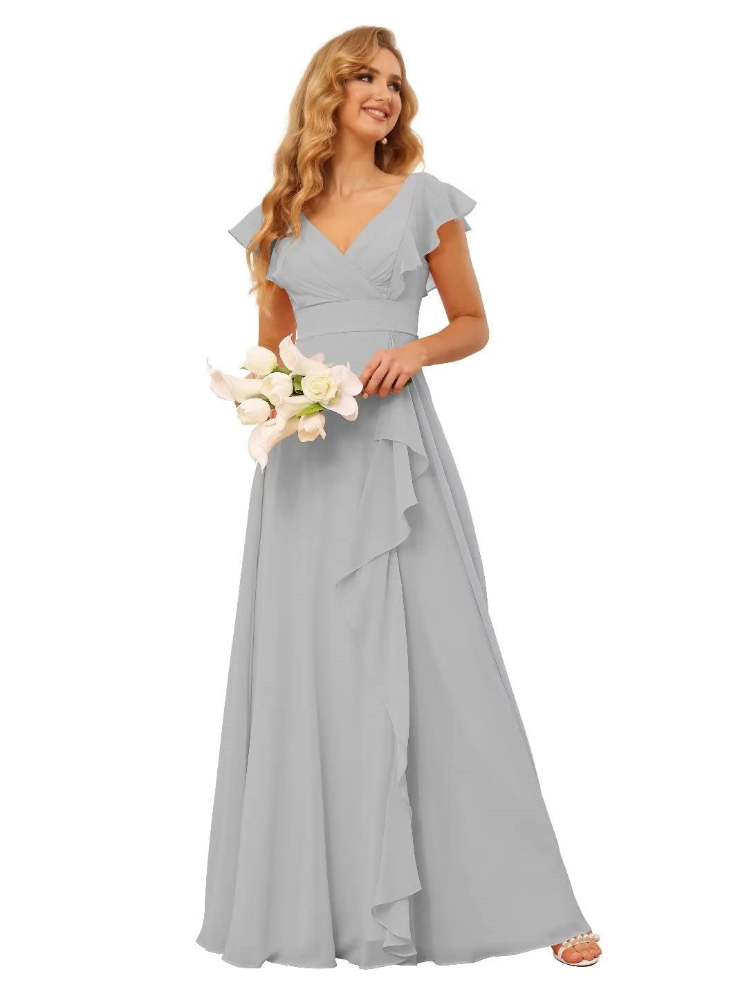 A-Line/Princess V Neck Short Sleeve Floor Length Bridesmaid Dresses With Ruffled Split