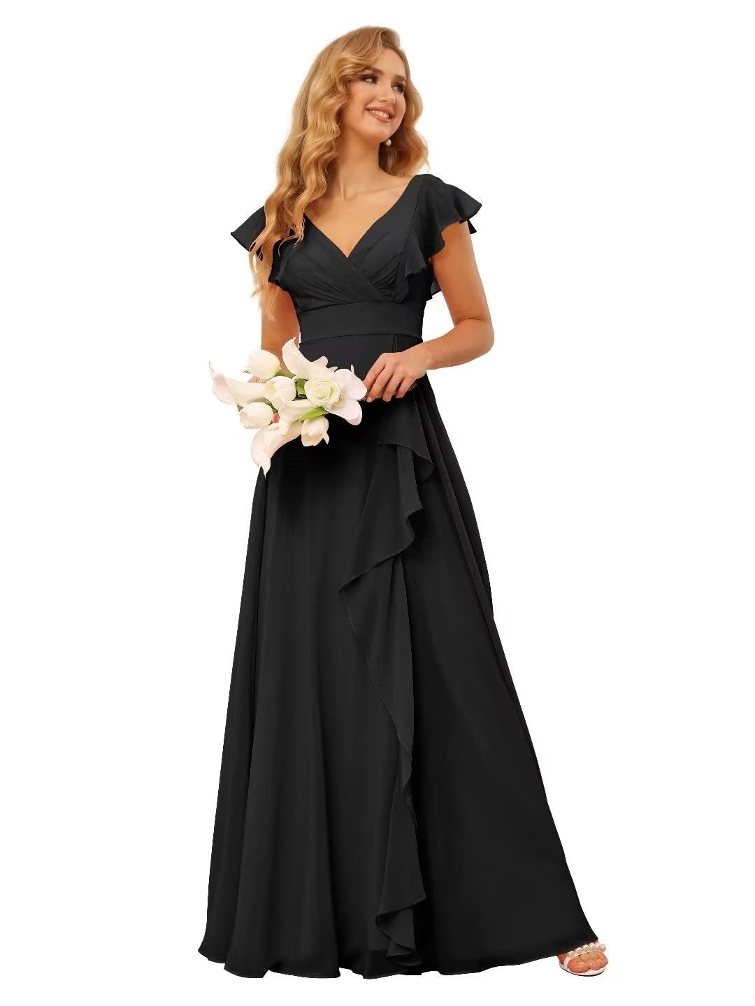 A-Line/Princess V Neck Short Sleeve Floor Length Bridesmaid Dresses With Ruffled Split