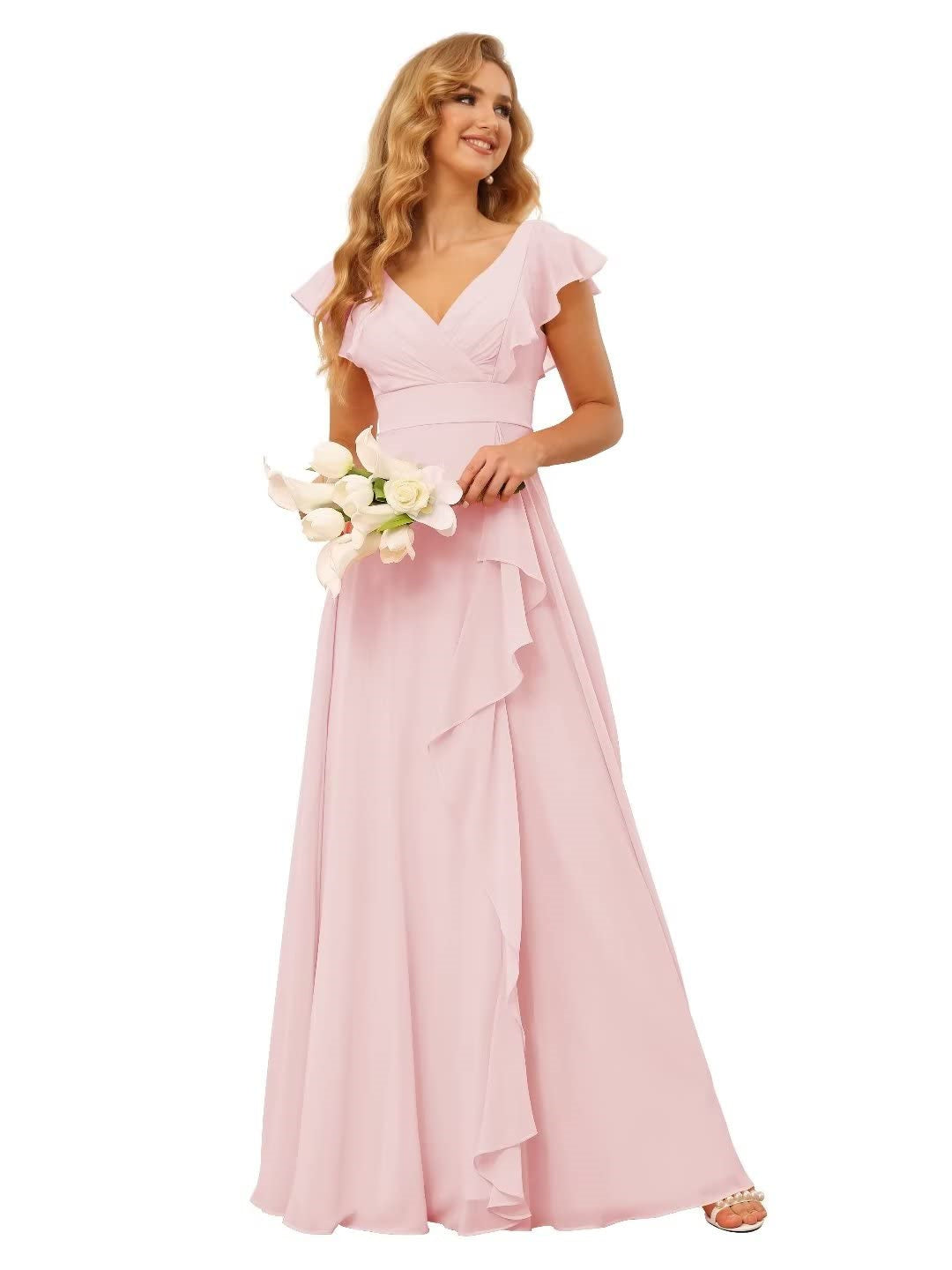 A-Line/Princess V Neck Short Sleeve Floor Length Bridesmaid Dresses With Ruffled Split