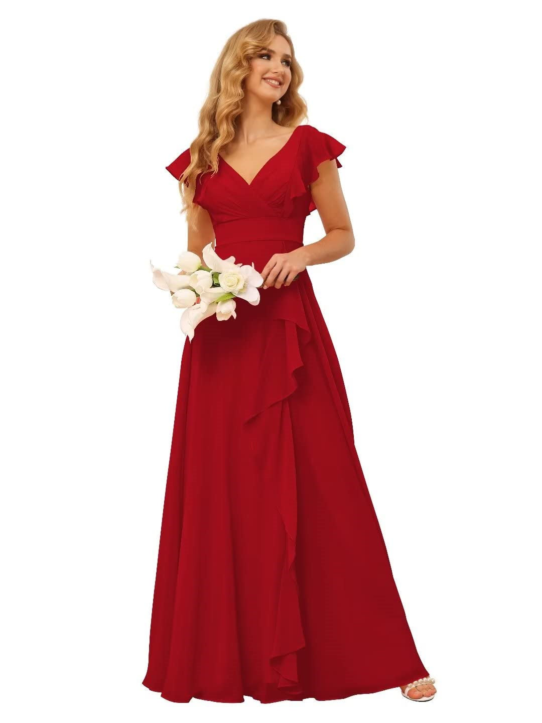 A-Line/Princess V Neck Short Sleeve Floor Length Bridesmaid Dresses With Ruffled Split