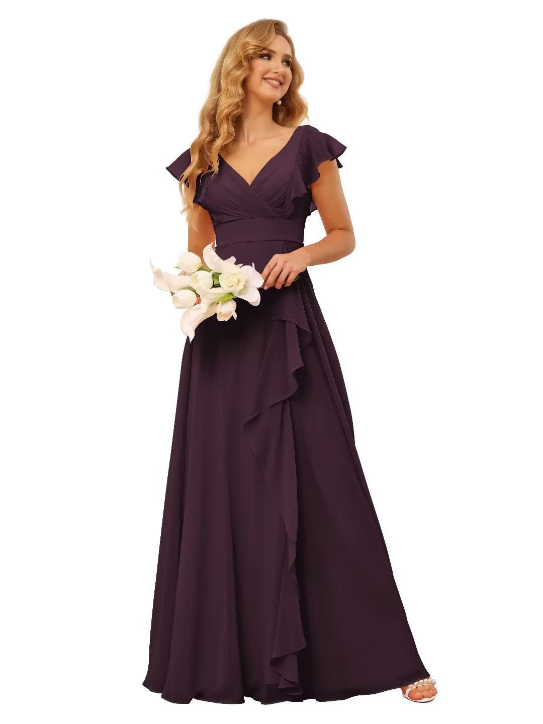A-Line/Princess V Neck Short Sleeve Floor Length Bridesmaid Dresses With Ruffled Split