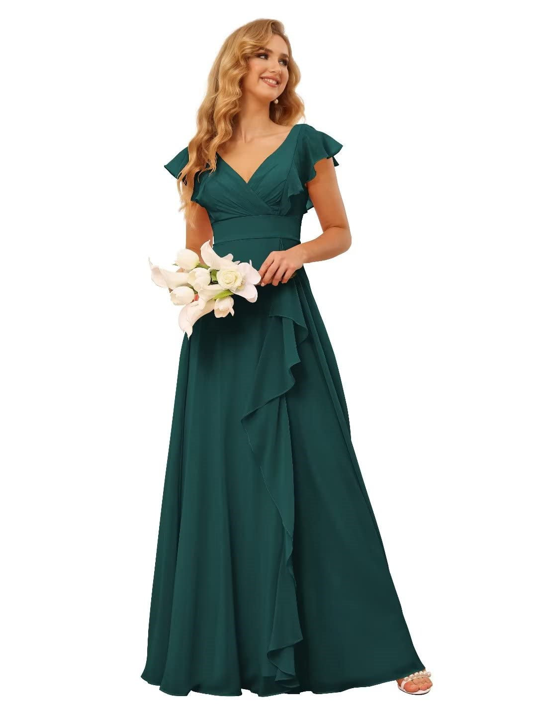A-Line/Princess V Neck Short Sleeve Floor Length Bridesmaid Dresses With Ruffled Split