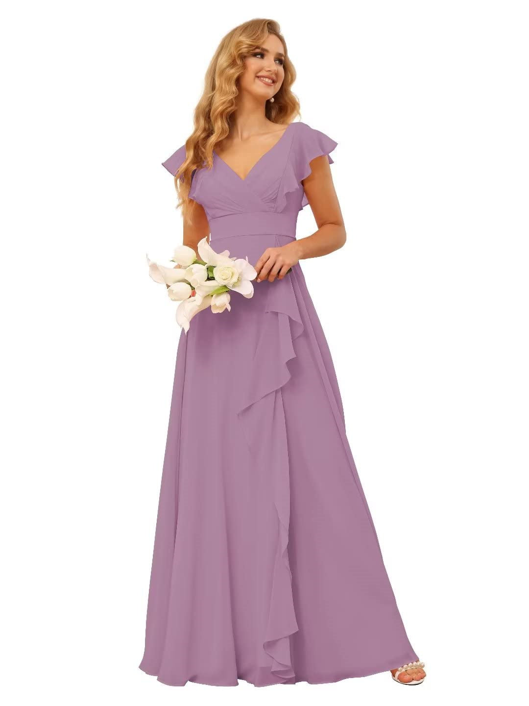 A-Line/Princess V Neck Short Sleeve Floor Length Bridesmaid Dresses With Ruffled Split