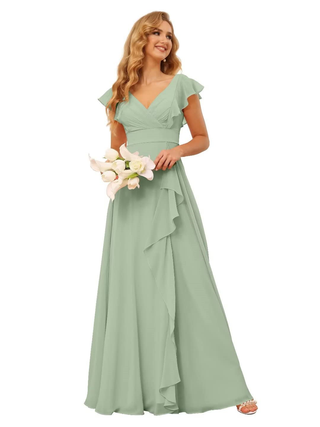 A-Line/Princess V Neck Short Sleeve Floor Length Bridesmaid Dresses With Ruffled Split