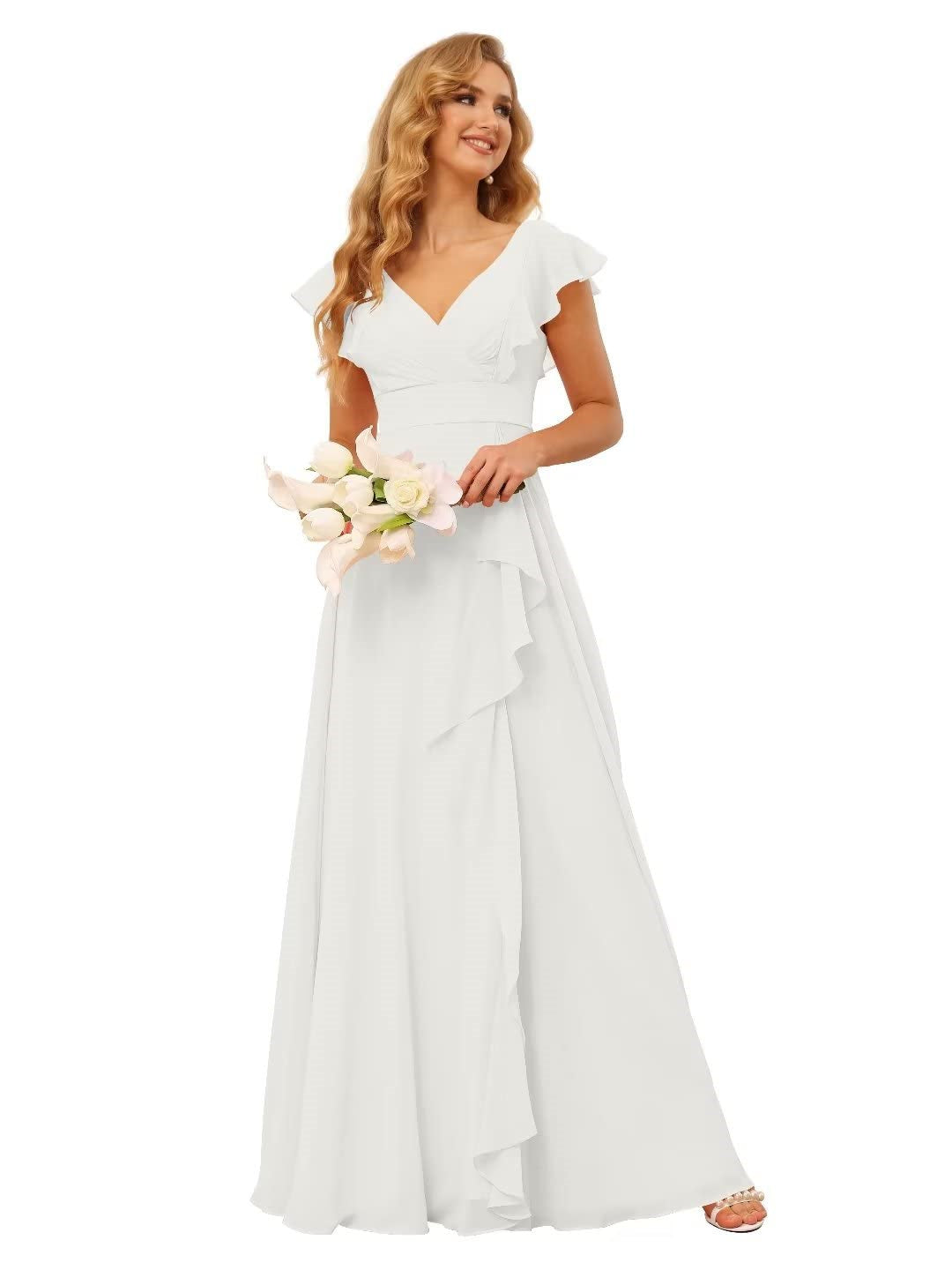 A-Line/Princess V Neck Short Sleeve Floor Length Bridesmaid Dresses With Ruffled Split