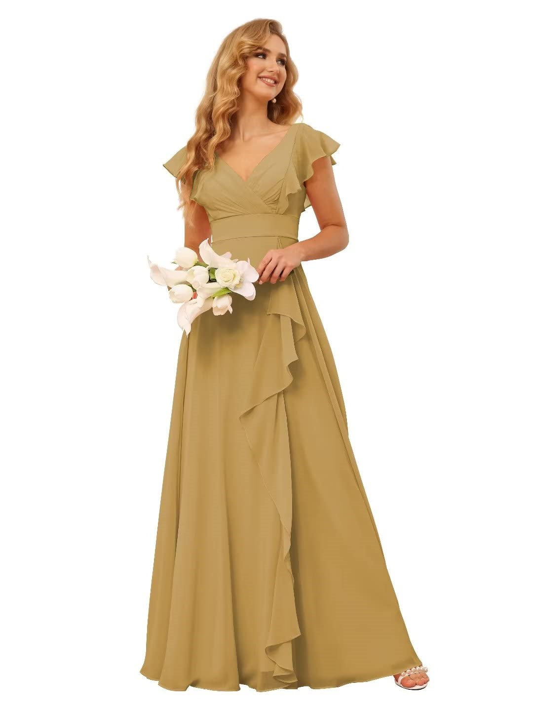 A-Line/Princess V Neck Short Sleeve Floor Length Bridesmaid Dresses With Ruffled Split