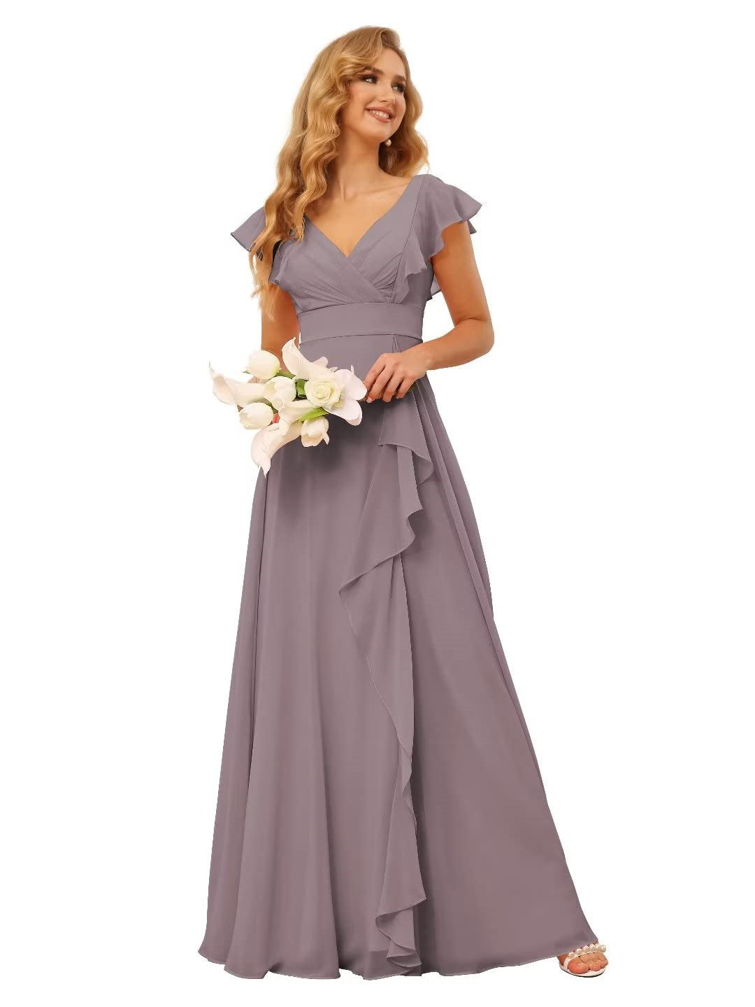 A-Line/Princess V Neck Short Sleeve Floor Length Bridesmaid Dresses With Ruffled Split