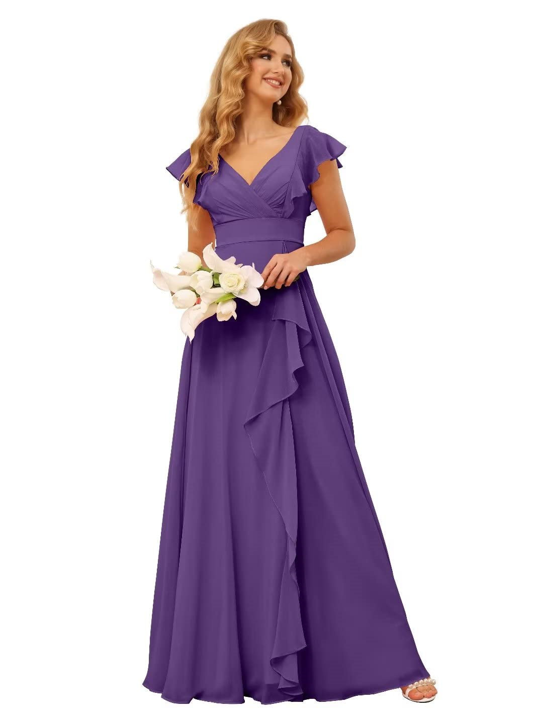 A-Line/Princess V Neck Short Sleeve Floor Length Bridesmaid Dresses With Ruffled Split