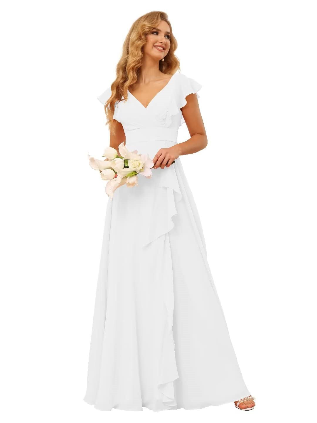 A-Line/Princess V Neck Short Sleeve Floor Length Bridesmaid Dresses With Ruffled Split