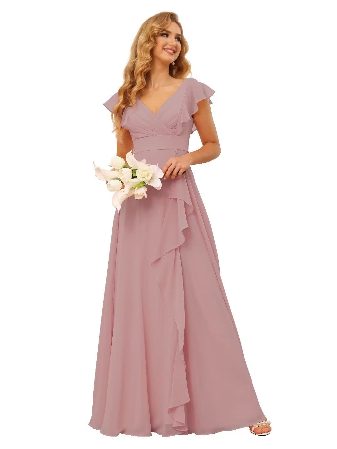 A-Line/Princess V Neck Short Sleeve Floor Length Bridesmaid Dresses With Ruffled Split