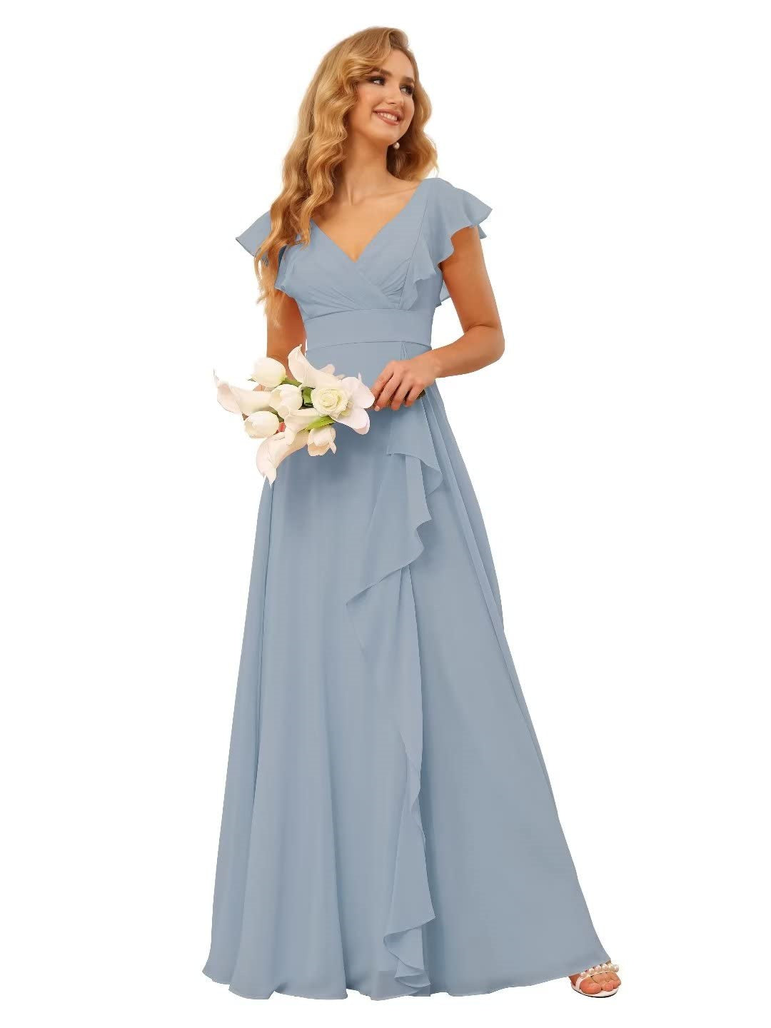 A-Line/Princess V Neck Short Sleeve Floor Length Bridesmaid Dresses With Ruffled Split