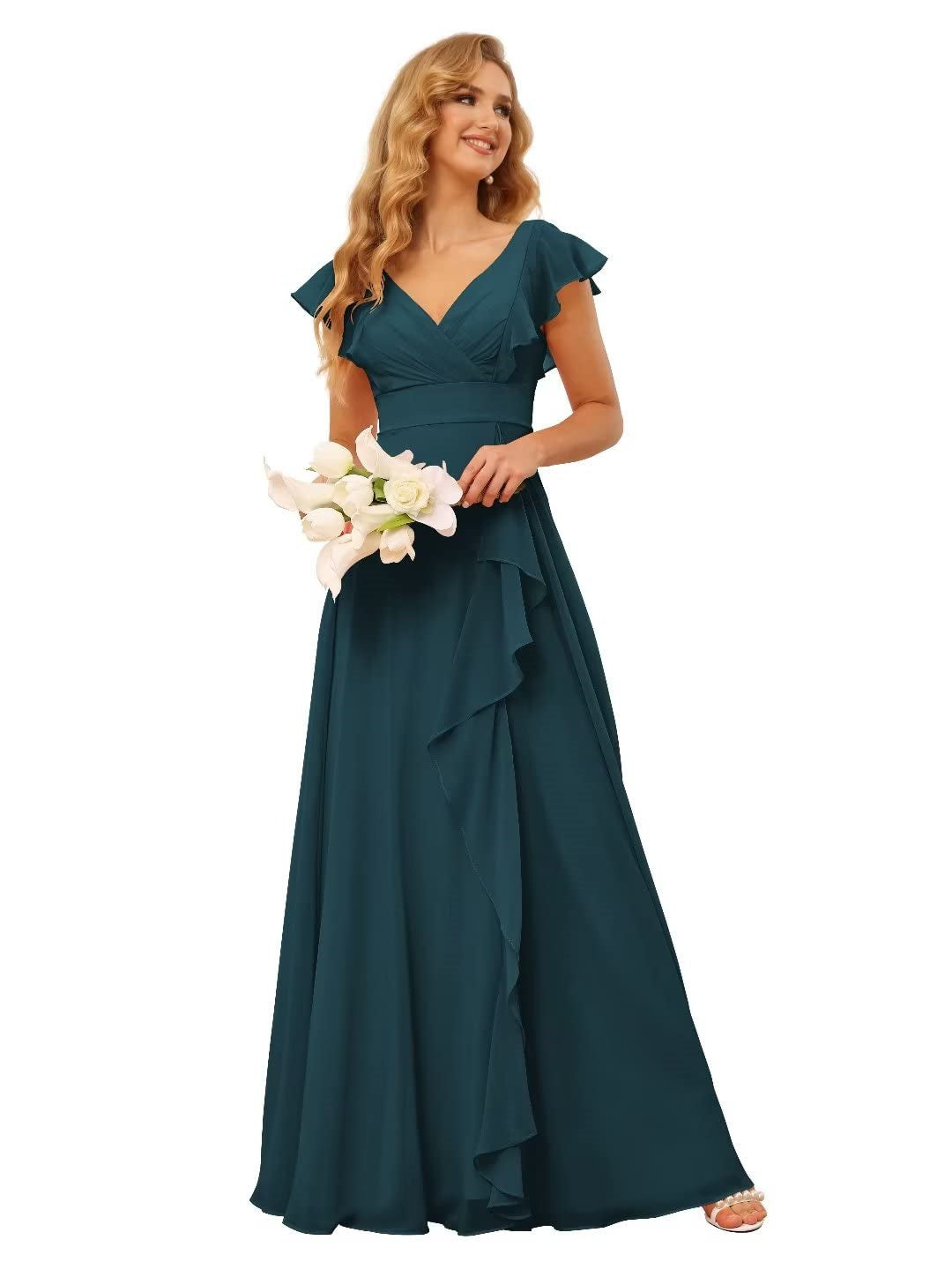 A-Line/Princess V Neck Short Sleeve Floor Length Bridesmaid Dresses With Ruffled Split