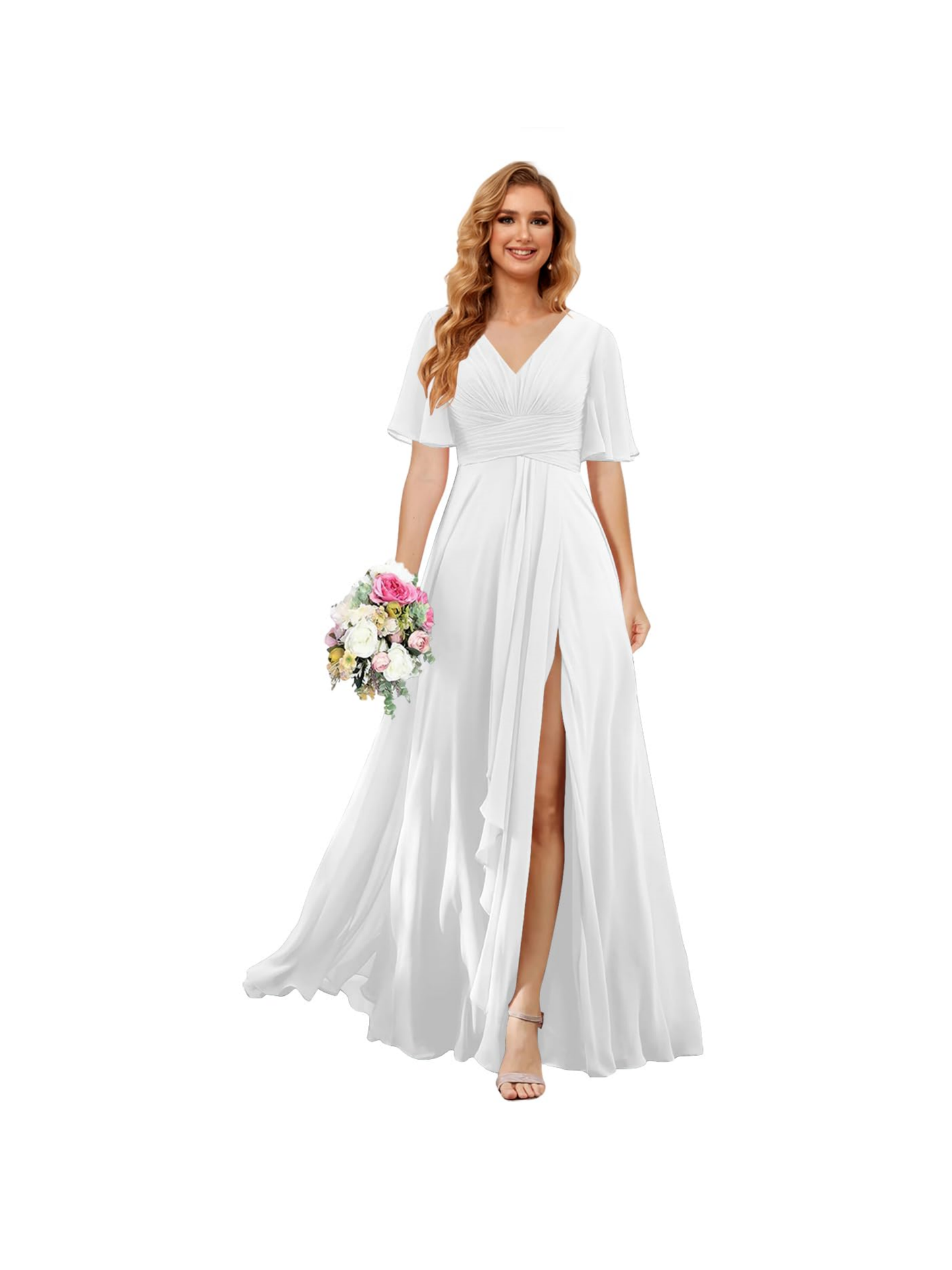 A Line/Princess V Neck Short Sleeve Floor Length Bridesmaid Dresses Chiffon with Slit