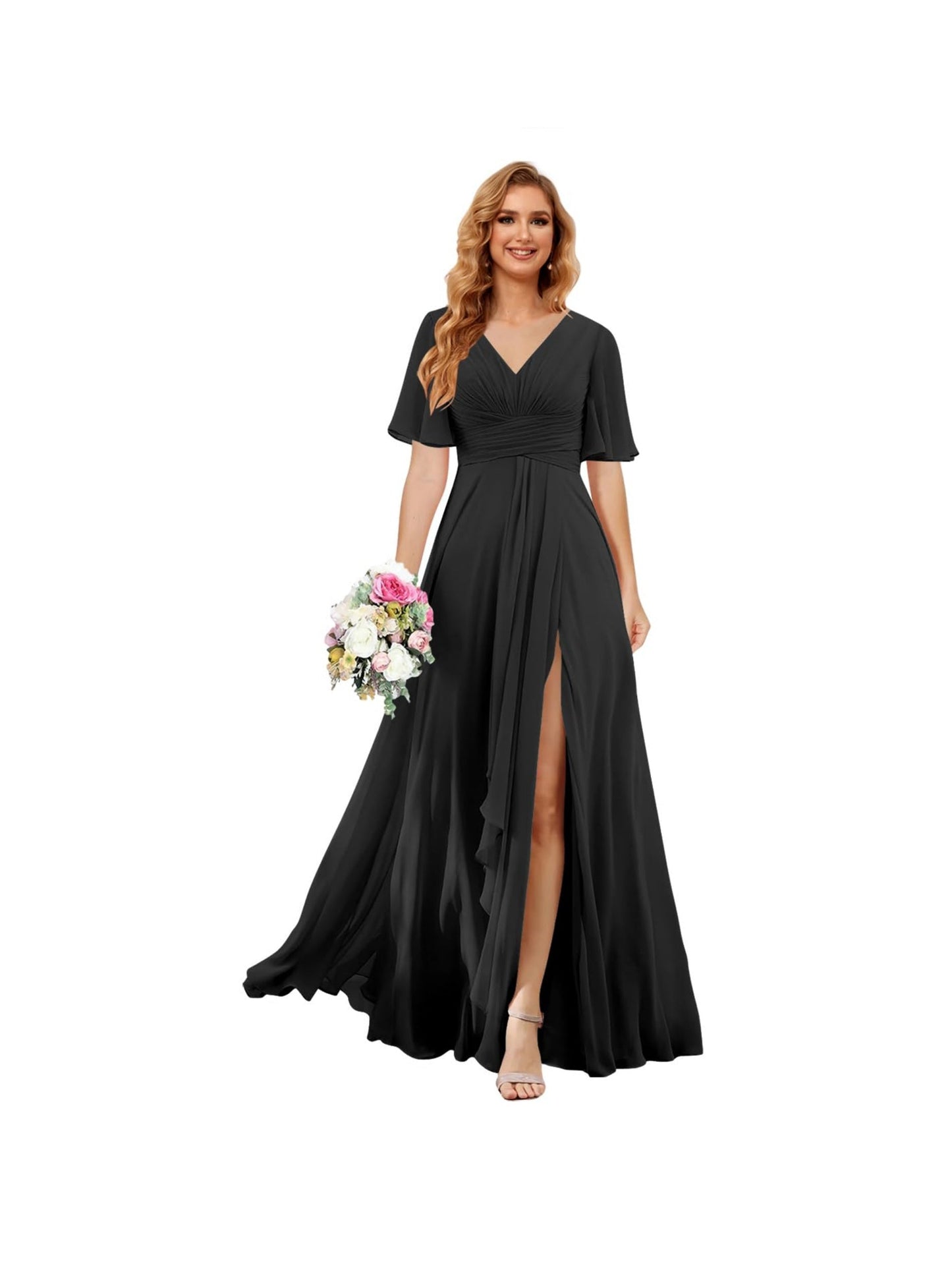 A Line/Princess V Neck Short Sleeve Floor Length Bridesmaid Dresses Chiffon with Slit