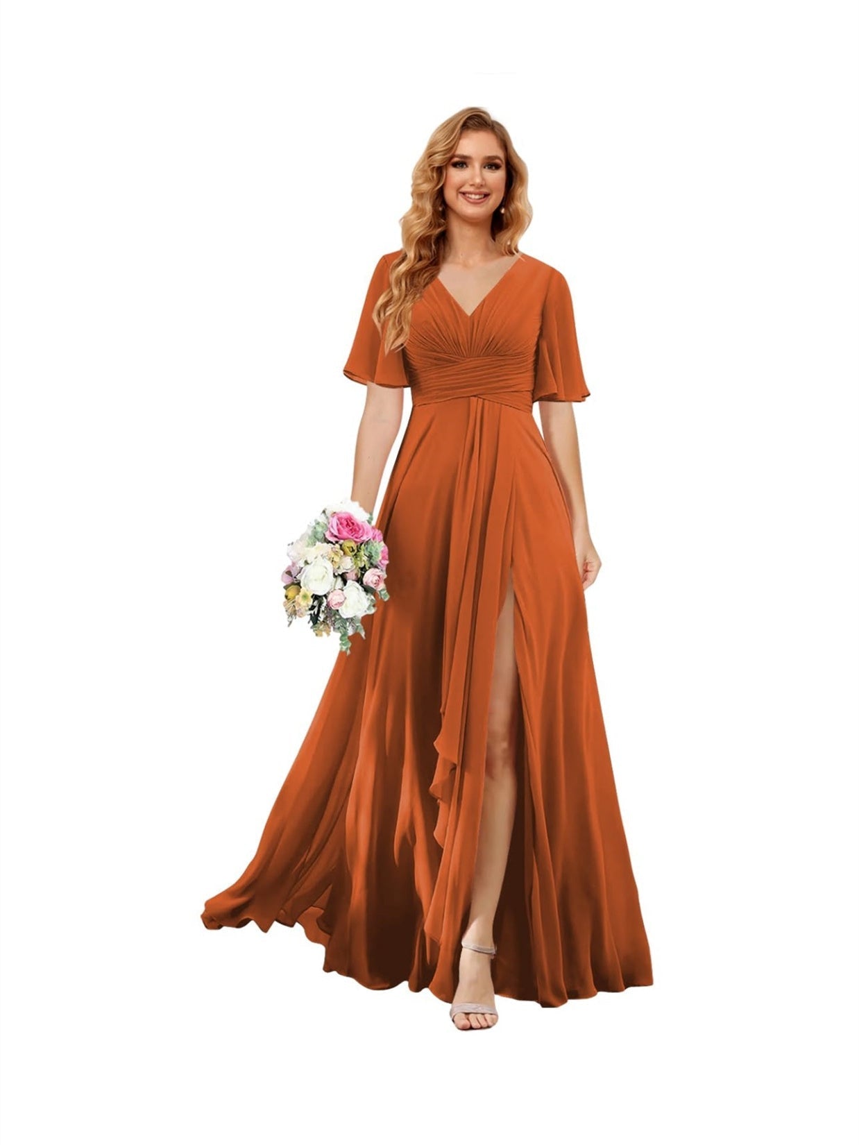 A Line/Princess V Neck Short Sleeve Floor Length Bridesmaid Dresses Chiffon with Slit