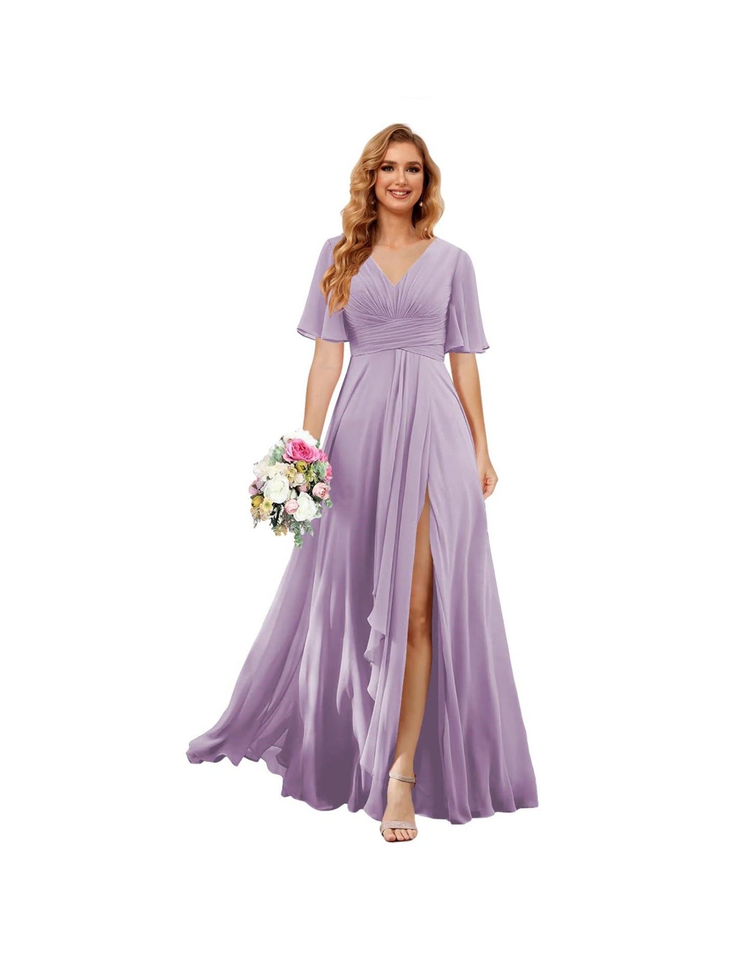 A Line/Princess V Neck Short Sleeve Floor Length Bridesmaid Dresses Chiffon with Slit