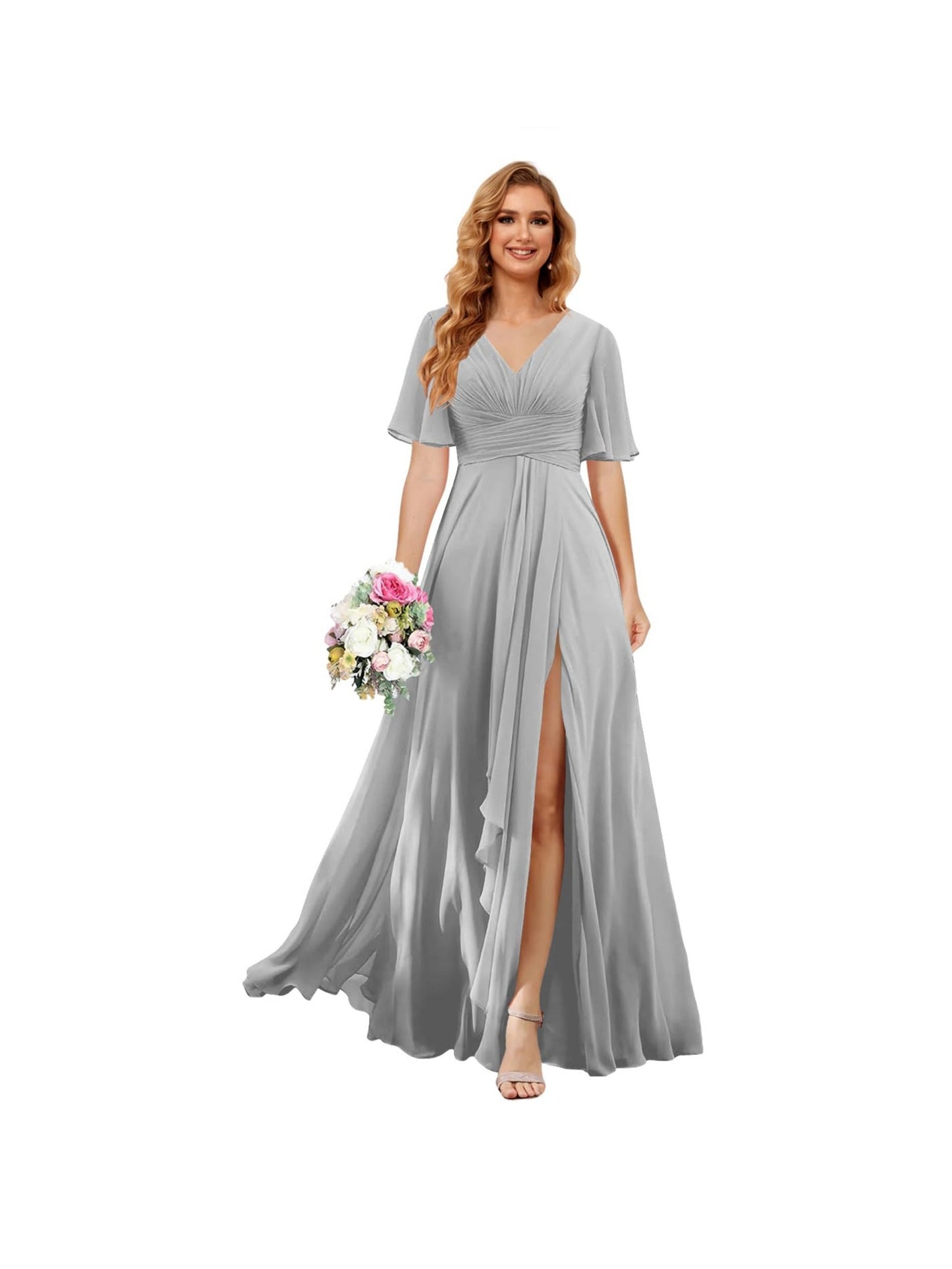 A Line/Princess V Neck Short Sleeve Floor Length Bridesmaid Dresses Chiffon with Slit