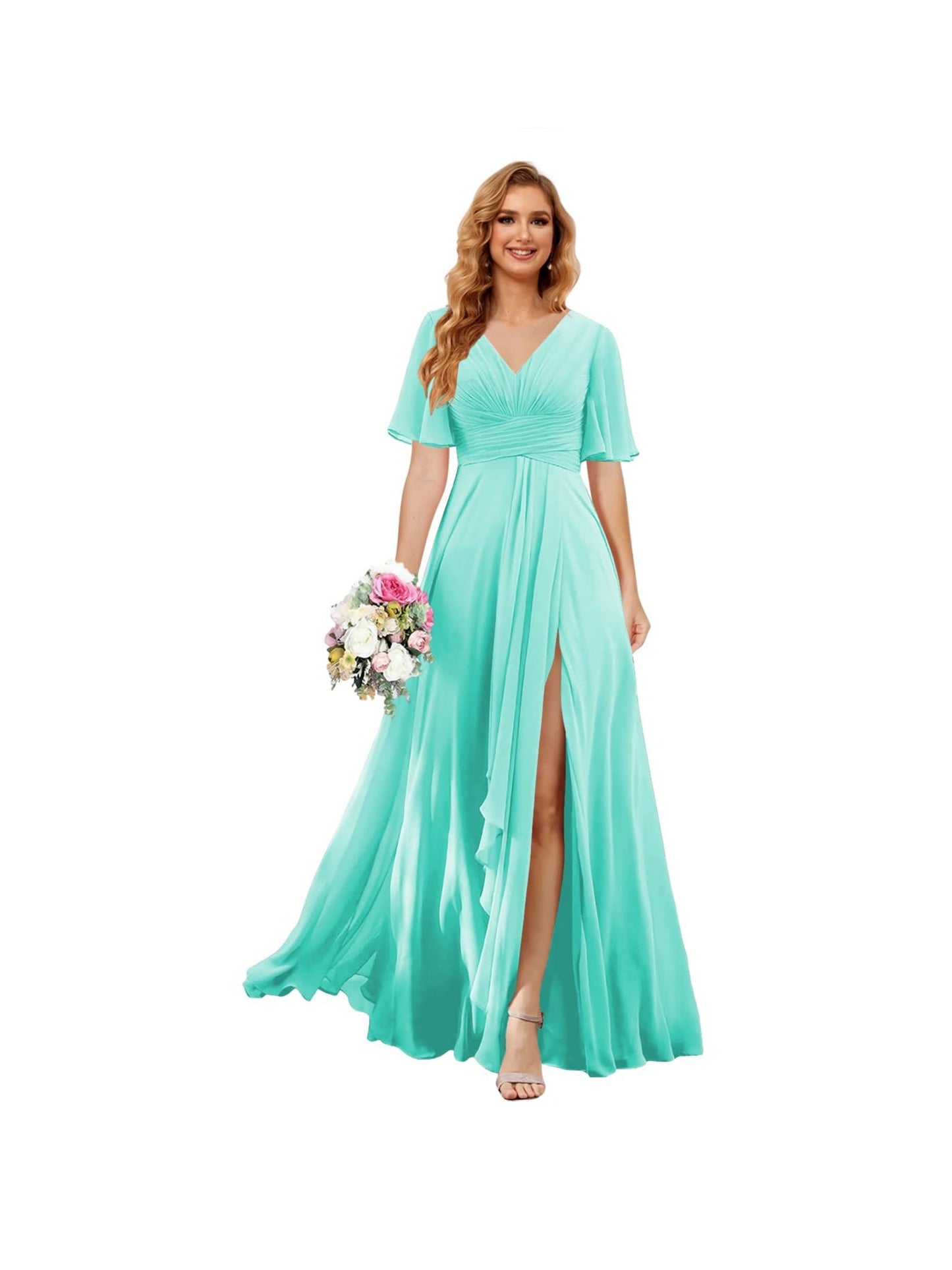 A Line/Princess V Neck Short Sleeve Floor Length Bridesmaid Dresses Chiffon with Slit