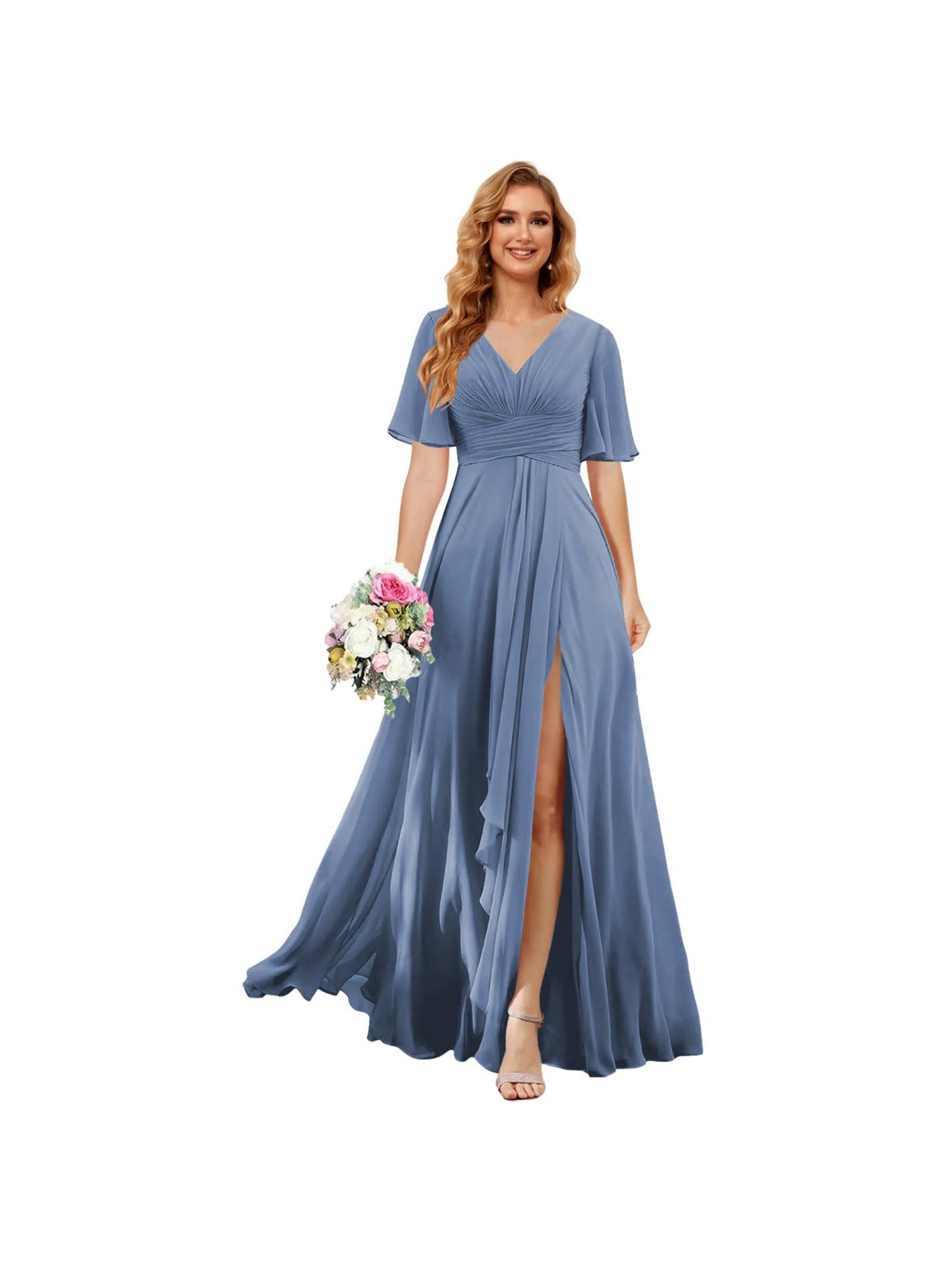 A Line/Princess V Neck Short Sleeve Floor Length Bridesmaid Dresses Chiffon with Slit