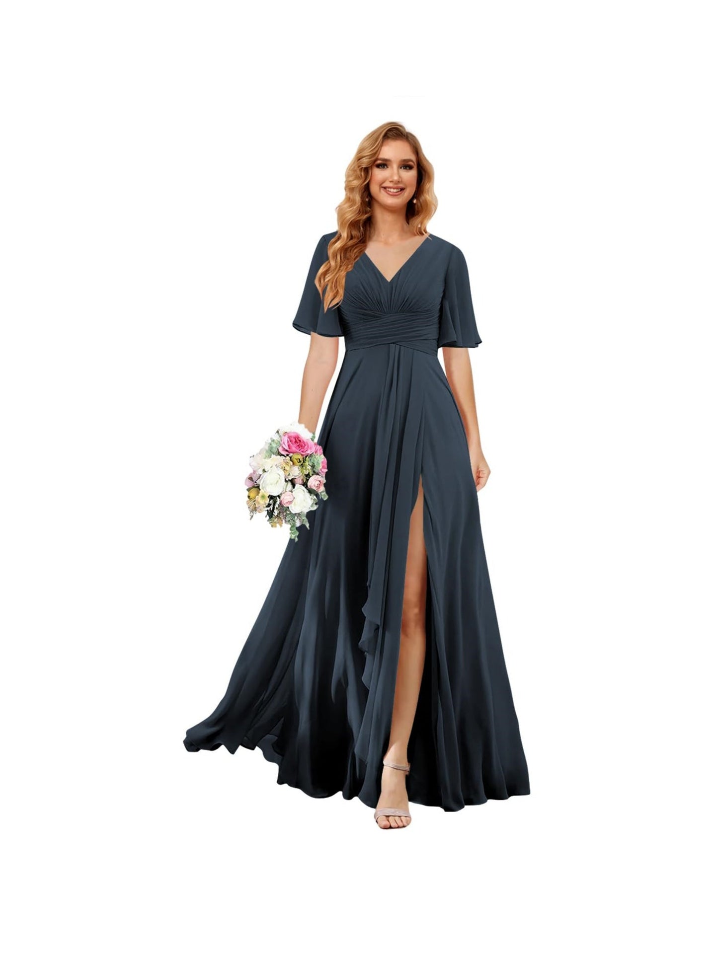 A Line/Princess V Neck Short Sleeve Floor Length Bridesmaid Dresses Chiffon with Slit