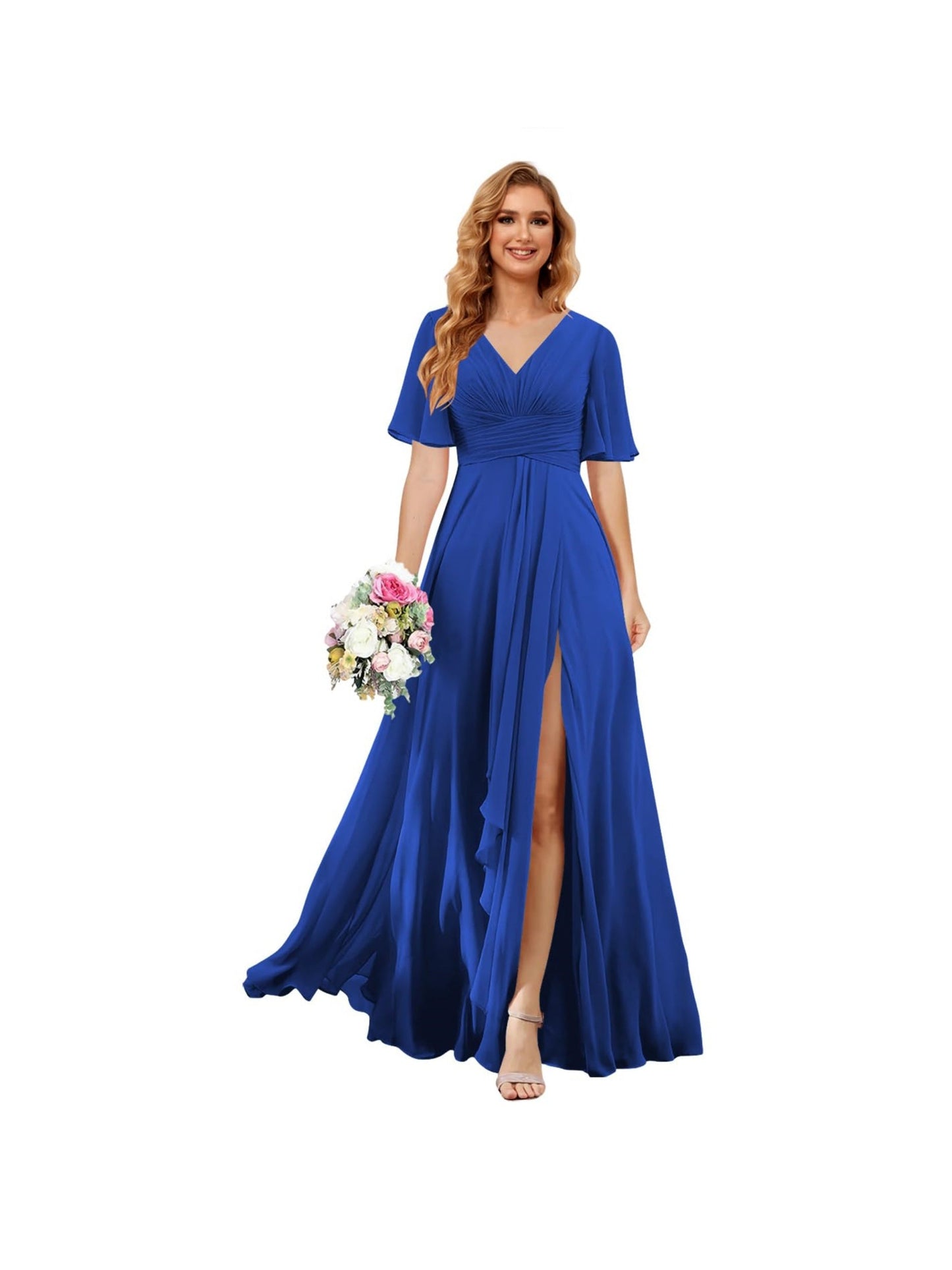 A Line/Princess V Neck Short Sleeve Floor Length Bridesmaid Dresses Chiffon with Slit
