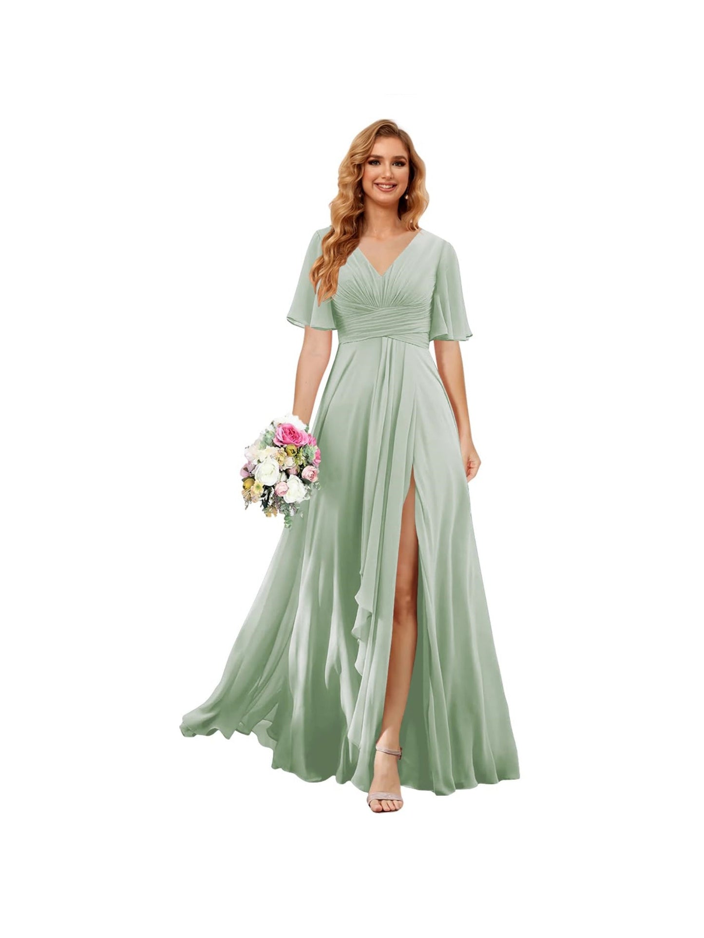 A Line/Princess V Neck Short Sleeve Floor Length Bridesmaid Dresses Chiffon with Slit