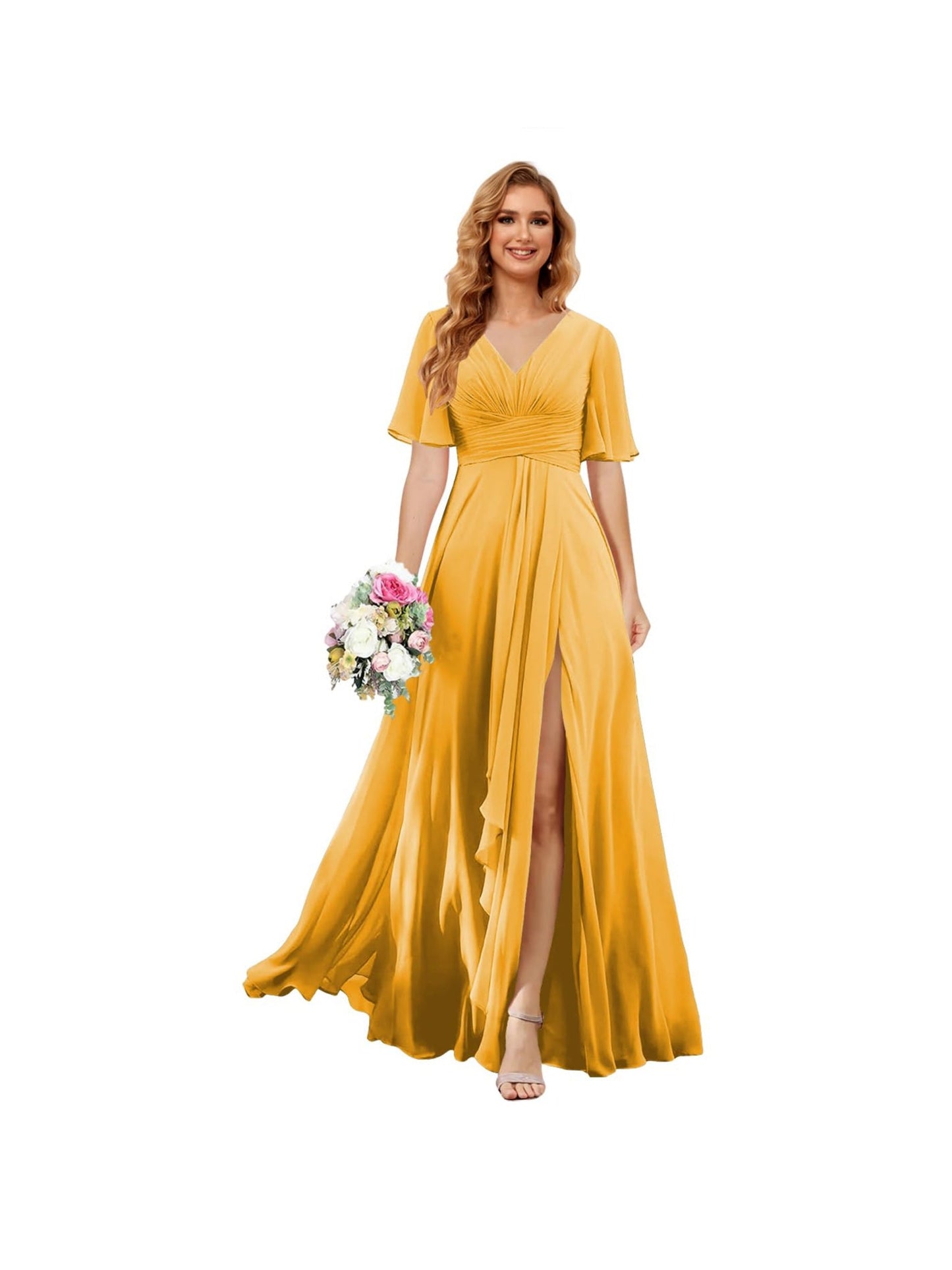 A Line/Princess V Neck Short Sleeve Floor Length Bridesmaid Dresses Chiffon with Slit