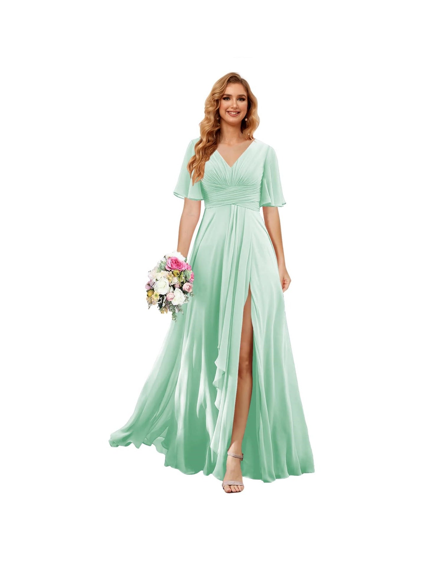 A Line/Princess V Neck Short Sleeve Floor Length Bridesmaid Dresses Chiffon with Slit