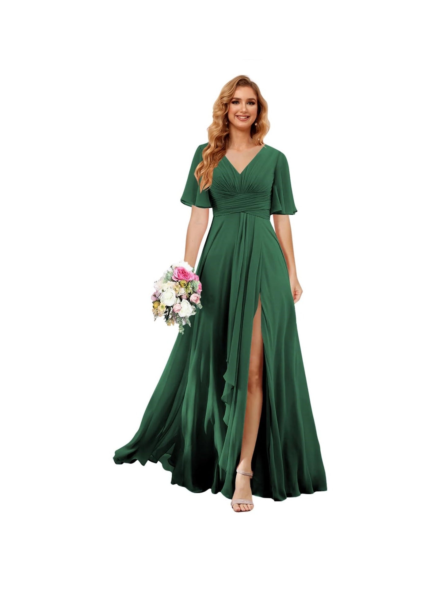 A Line/Princess V Neck Short Sleeve Floor Length Bridesmaid Dresses Chiffon with Slit
