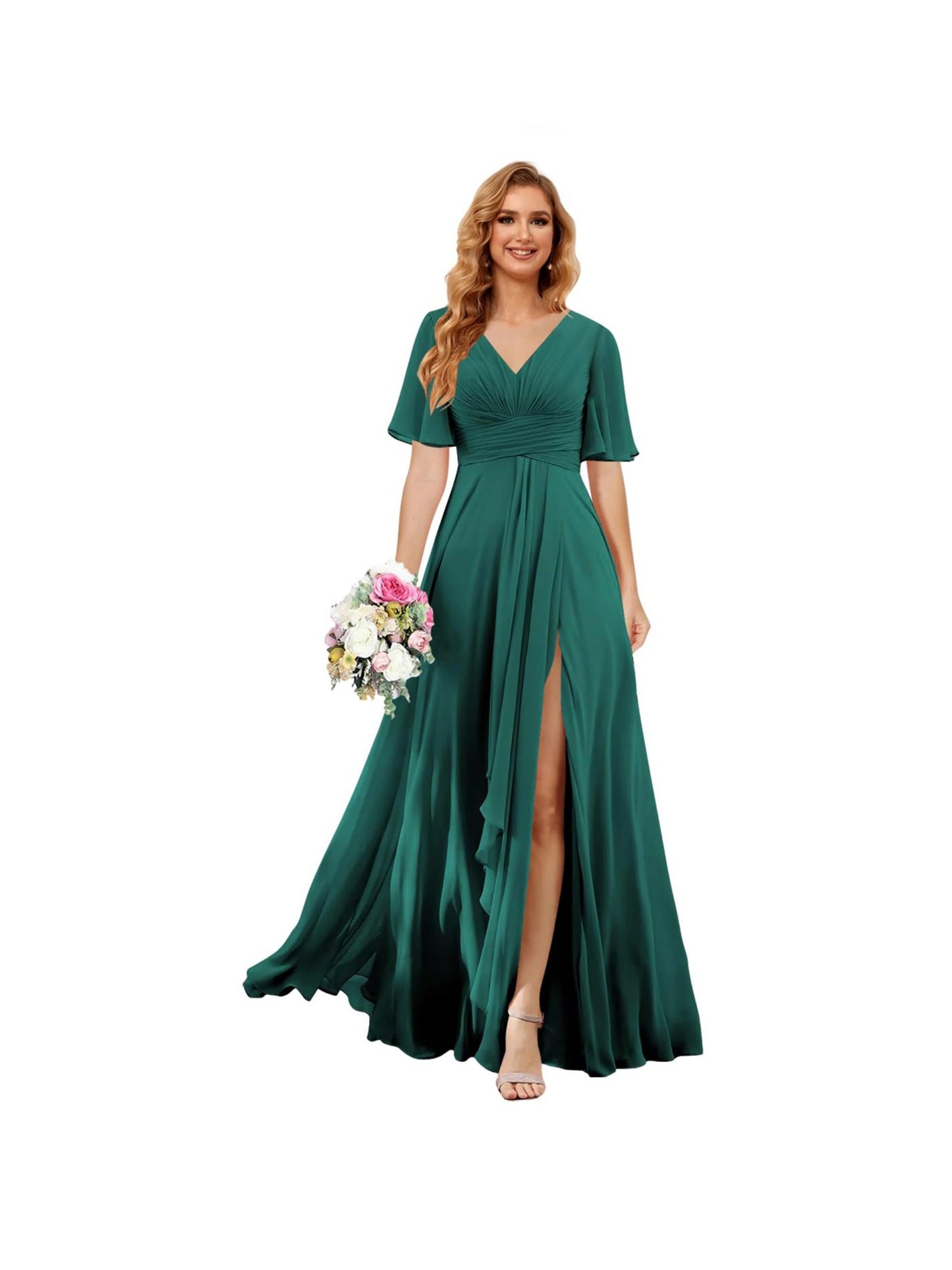 A Line/Princess V Neck Short Sleeve Floor Length Bridesmaid Dresses Chiffon with Slit
