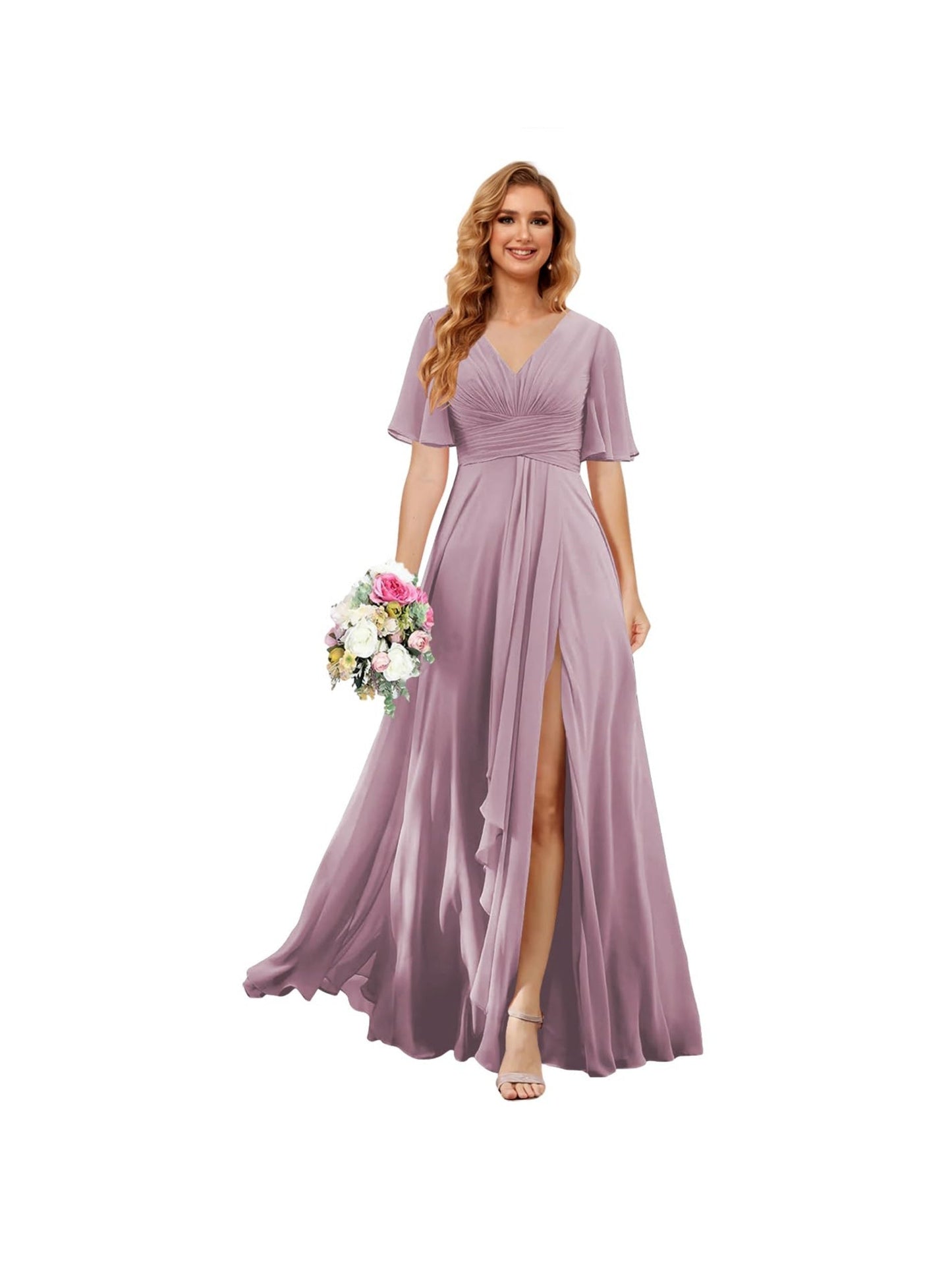 A Line/Princess V Neck Short Sleeve Floor Length Bridesmaid Dresses Chiffon with Slit
