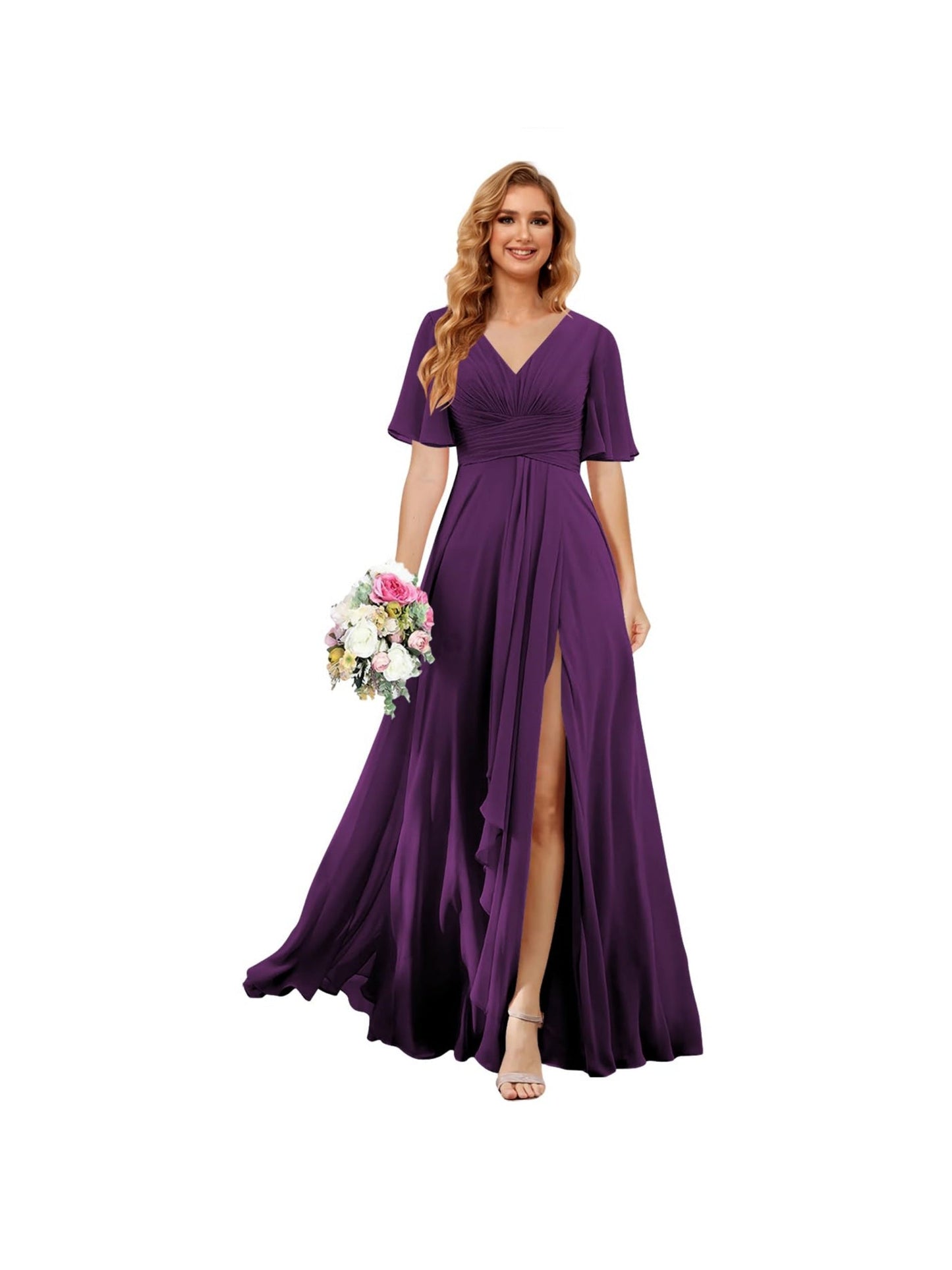 A Line/Princess V Neck Short Sleeve Floor Length Bridesmaid Dresses Chiffon with Slit