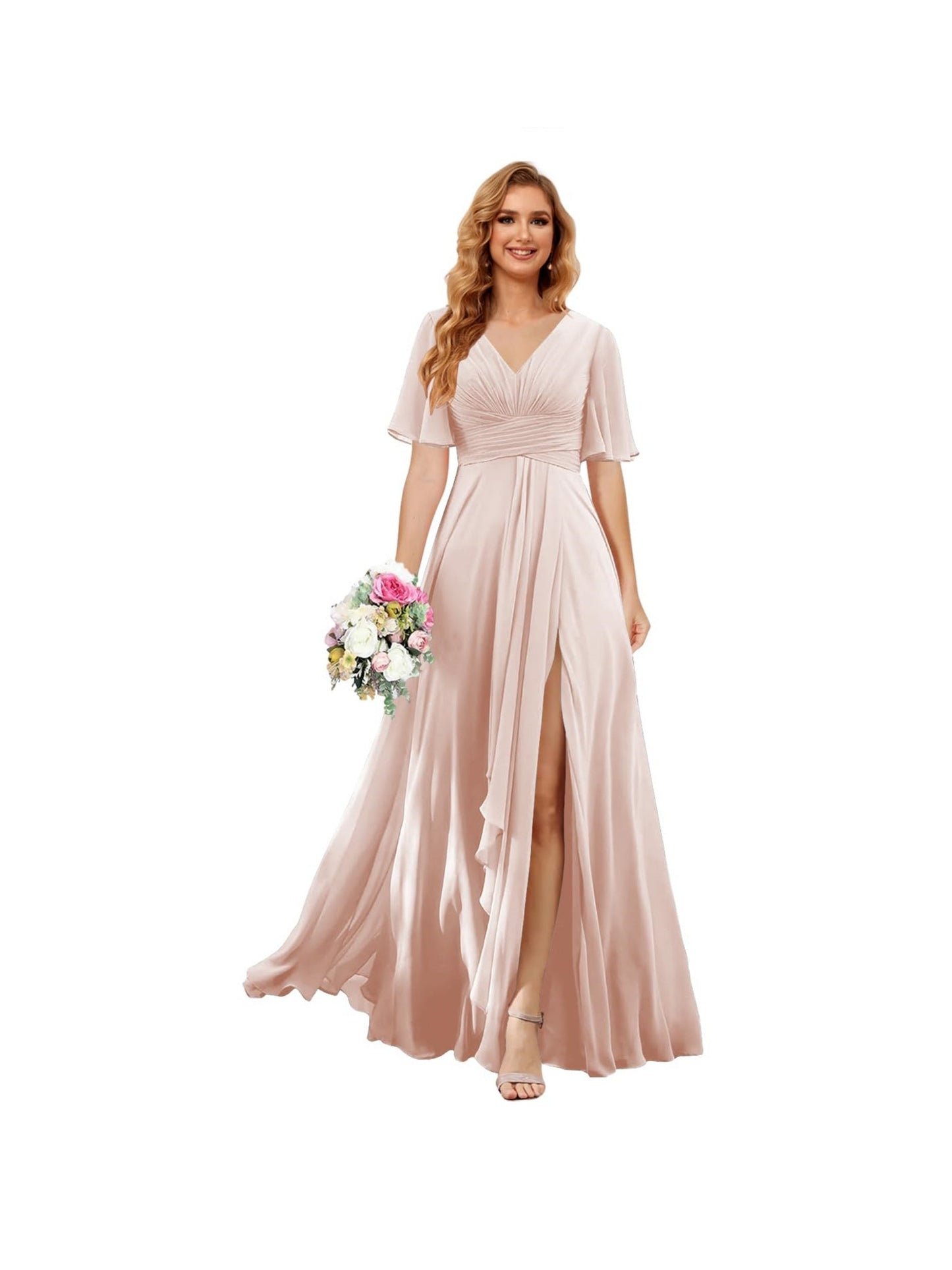 A Line/Princess V Neck Short Sleeve Floor Length Bridesmaid Dresses Chiffon with Slit
