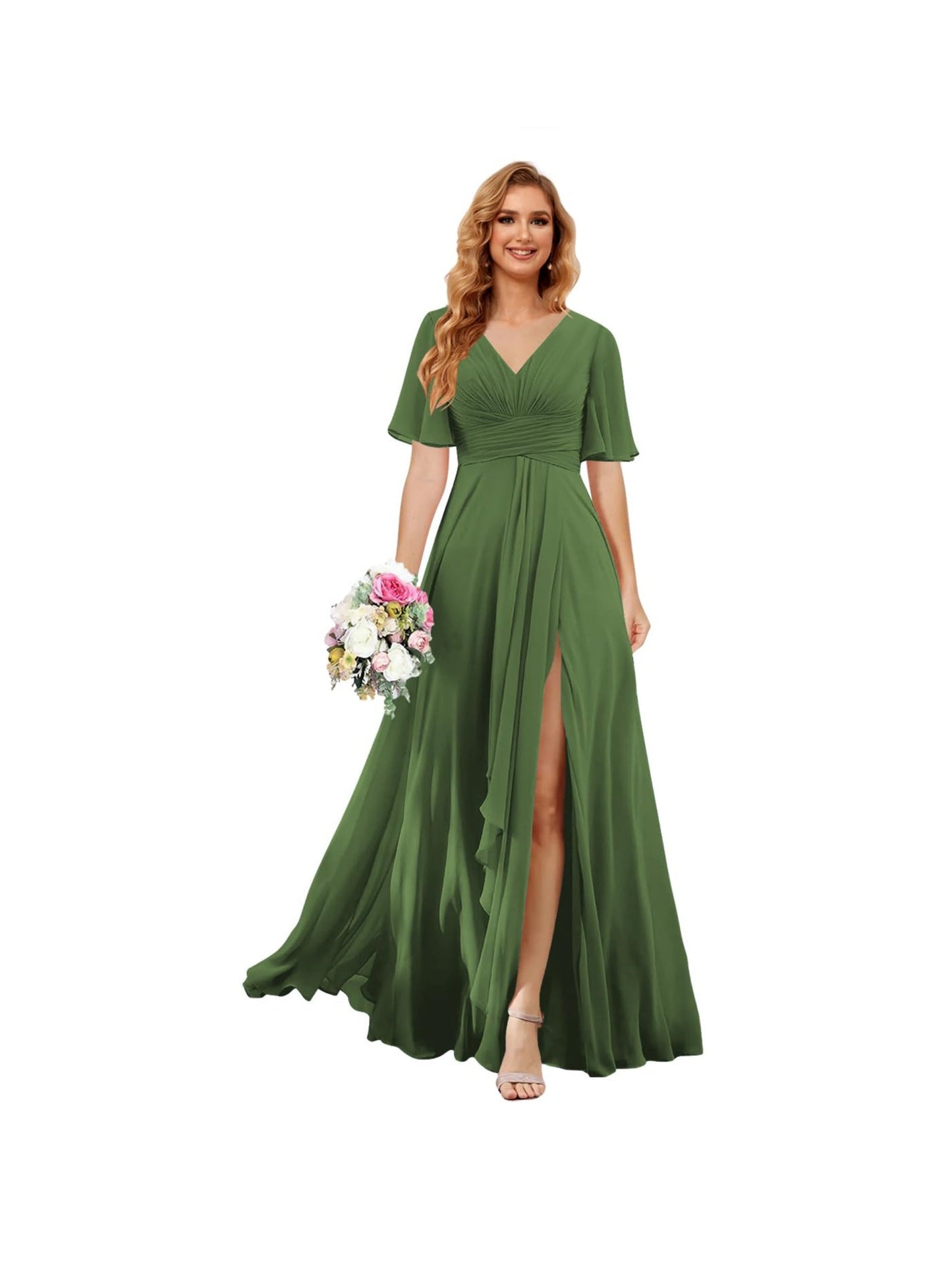 A Line/Princess V Neck Short Sleeve Floor Length Bridesmaid Dresses Chiffon with Slit