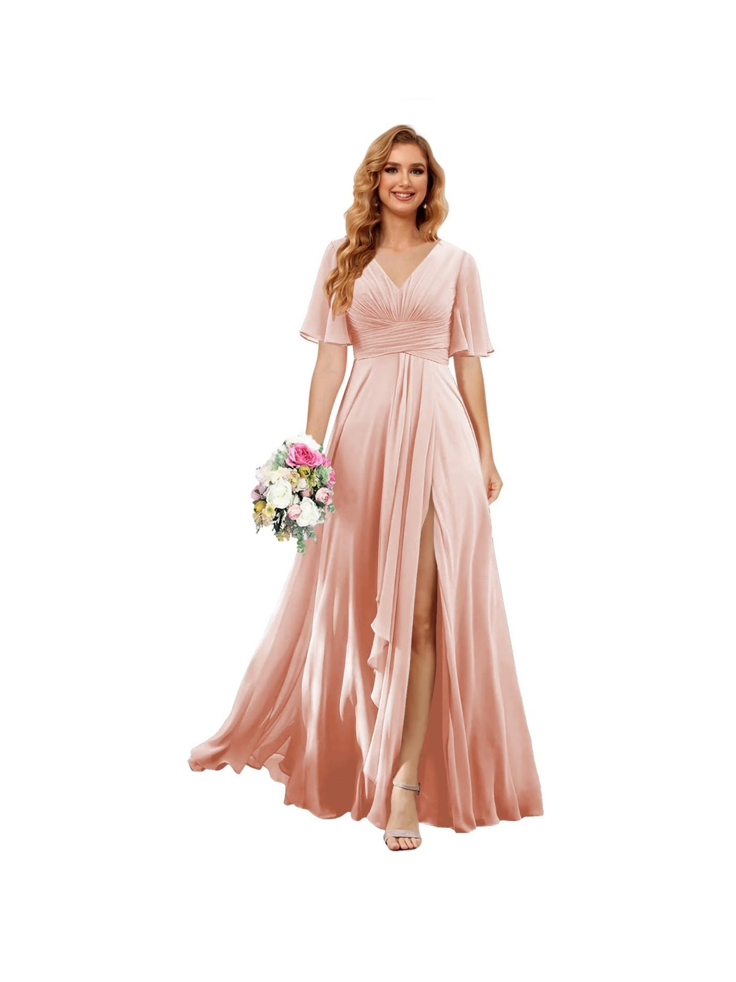 A Line/Princess V Neck Short Sleeve Floor Length Bridesmaid Dresses Chiffon with Slit