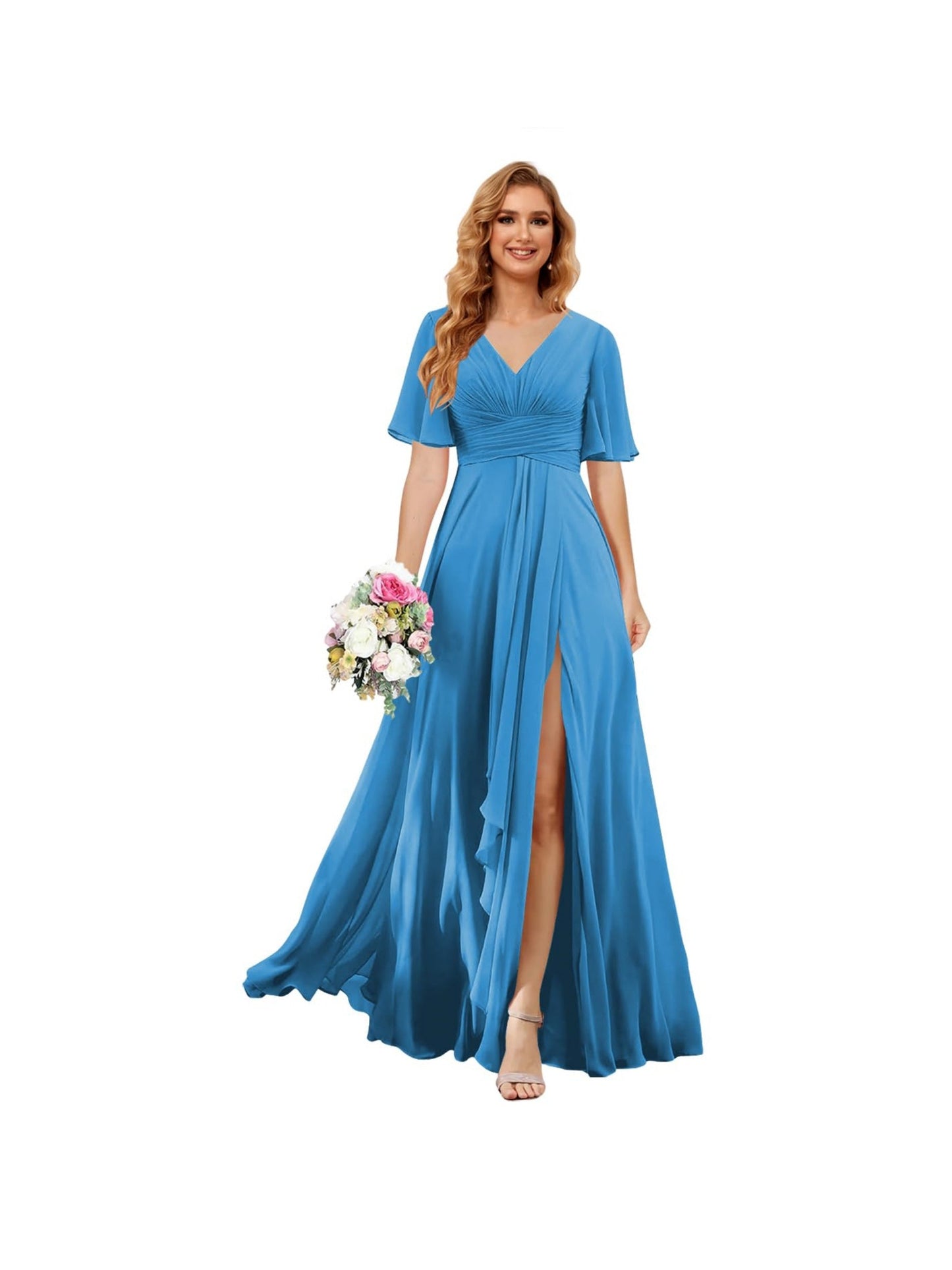 A Line/Princess V Neck Short Sleeve Floor Length Bridesmaid Dresses Chiffon with Slit