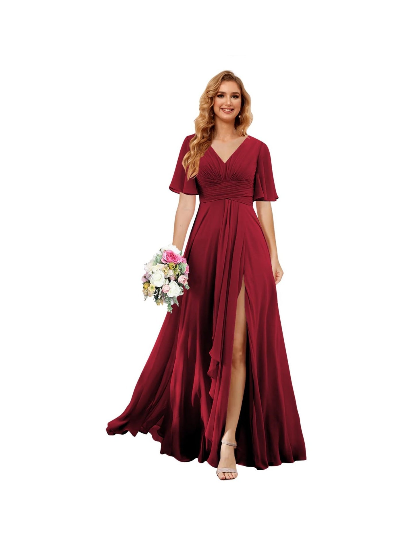 A Line/Princess V Neck Short Sleeve Floor Length Bridesmaid Dresses Chiffon with Slit