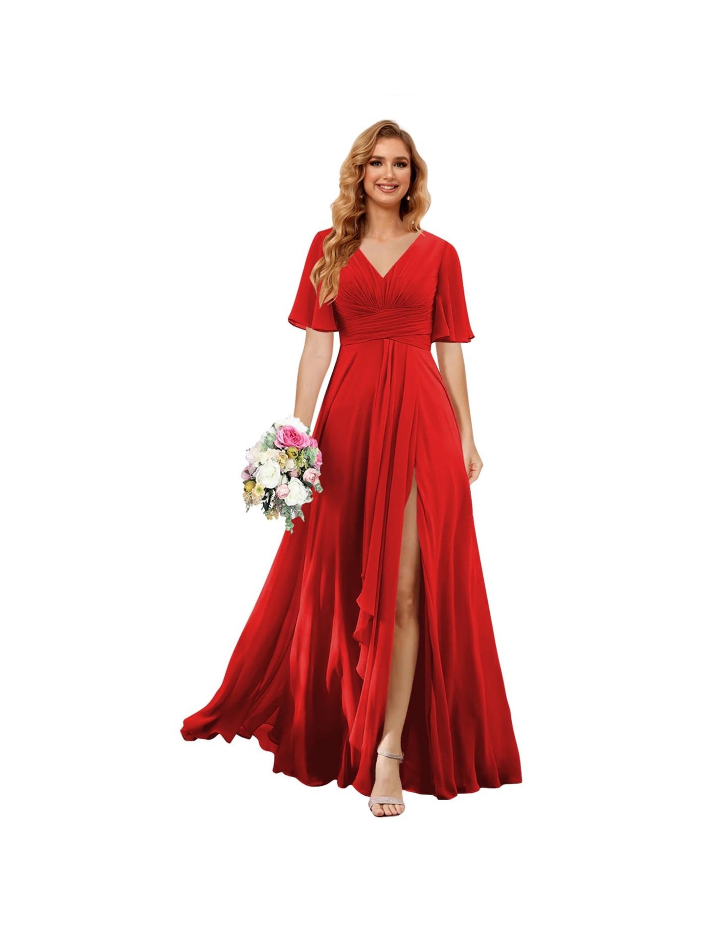 A Line/Princess V Neck Short Sleeve Floor Length Bridesmaid Dresses Chiffon with Slit